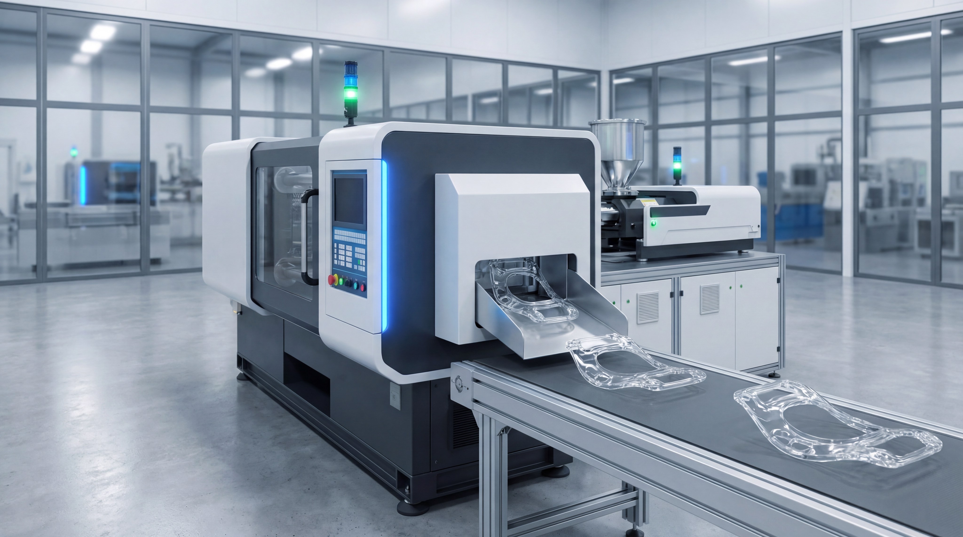 A high-tech Liquid Silicone Rubber (LSR) injection molding machine producing precision wearable components.