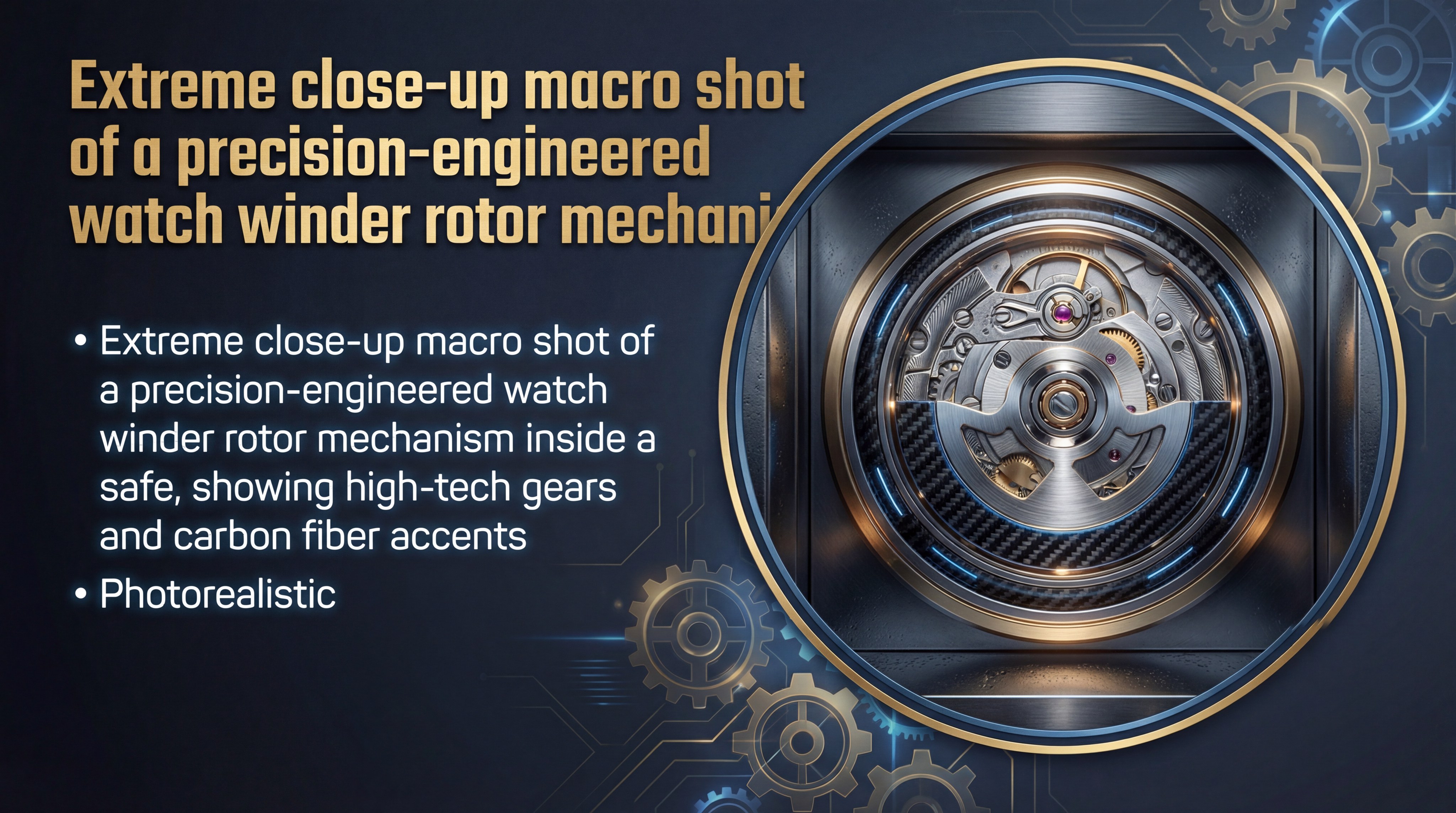 Extreme close-up macro shot of a precision-engineered watch winder rotor mechanism inside a safe with carbon fiber accents
