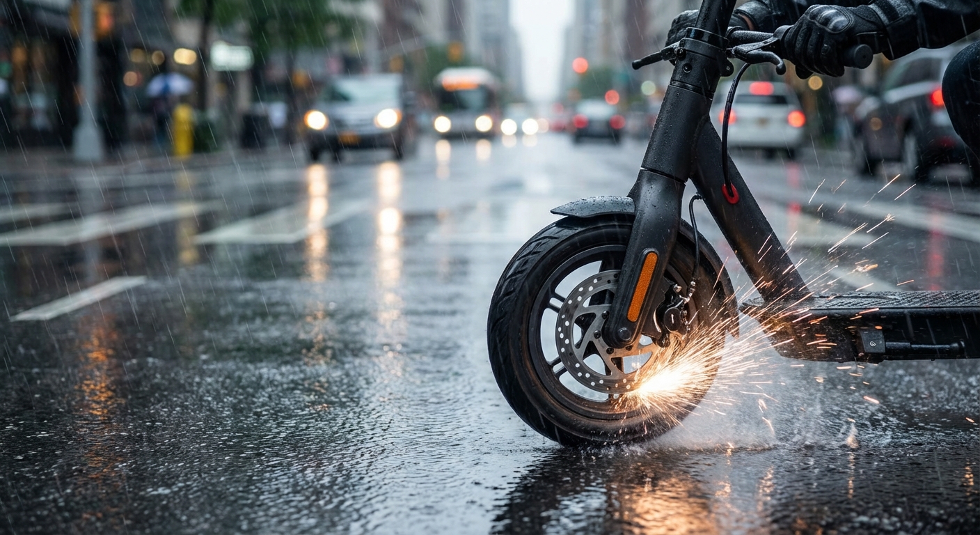 A scooter being ridden through a rainy street with water splashing from the tires.