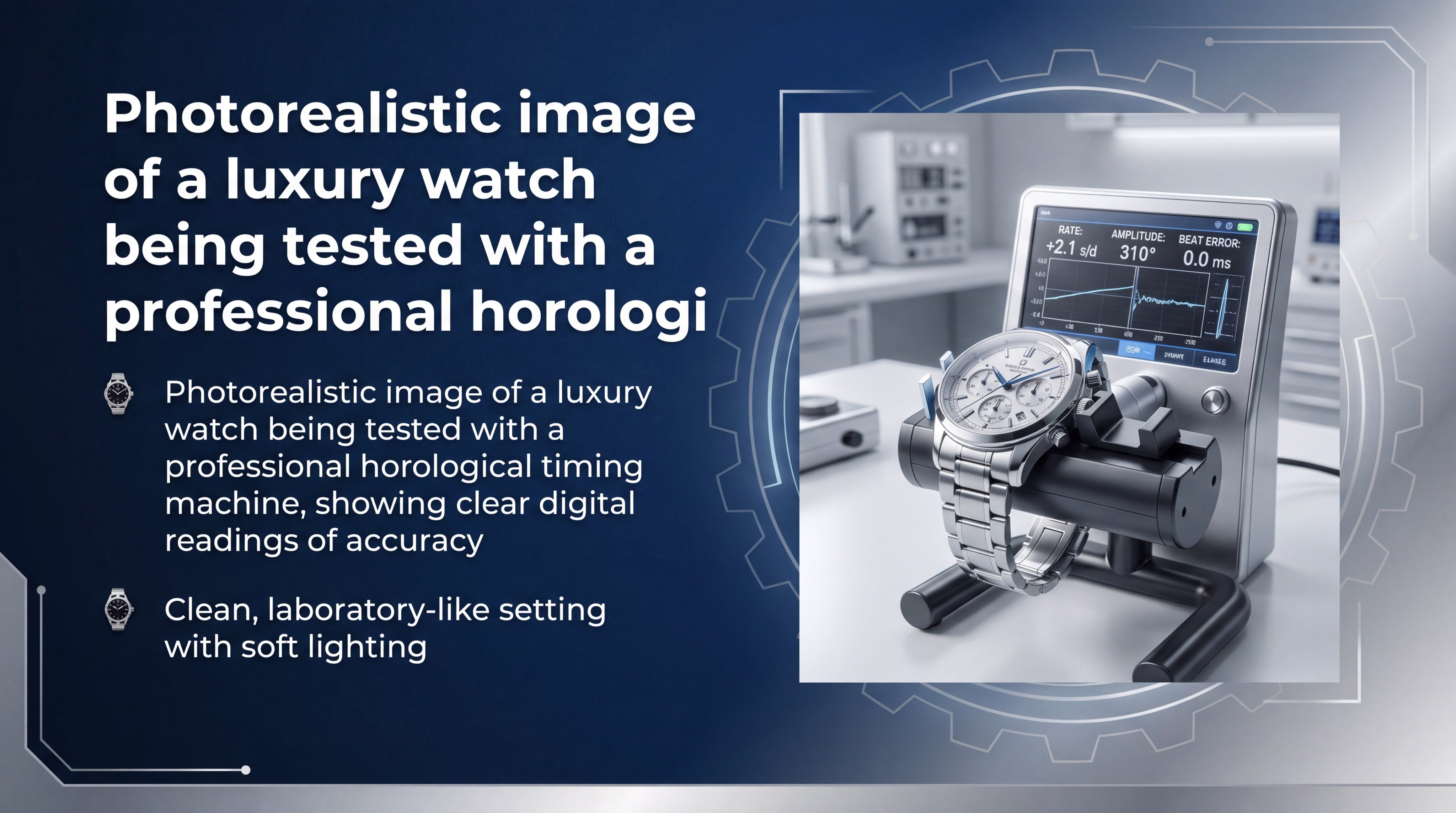 A photorealistic image of a watch being tested with a professional timing machine, showing perfect accuracy