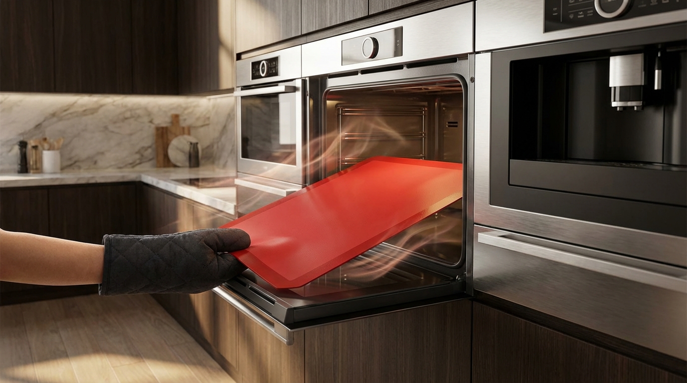 red silicone baking mat oven scene