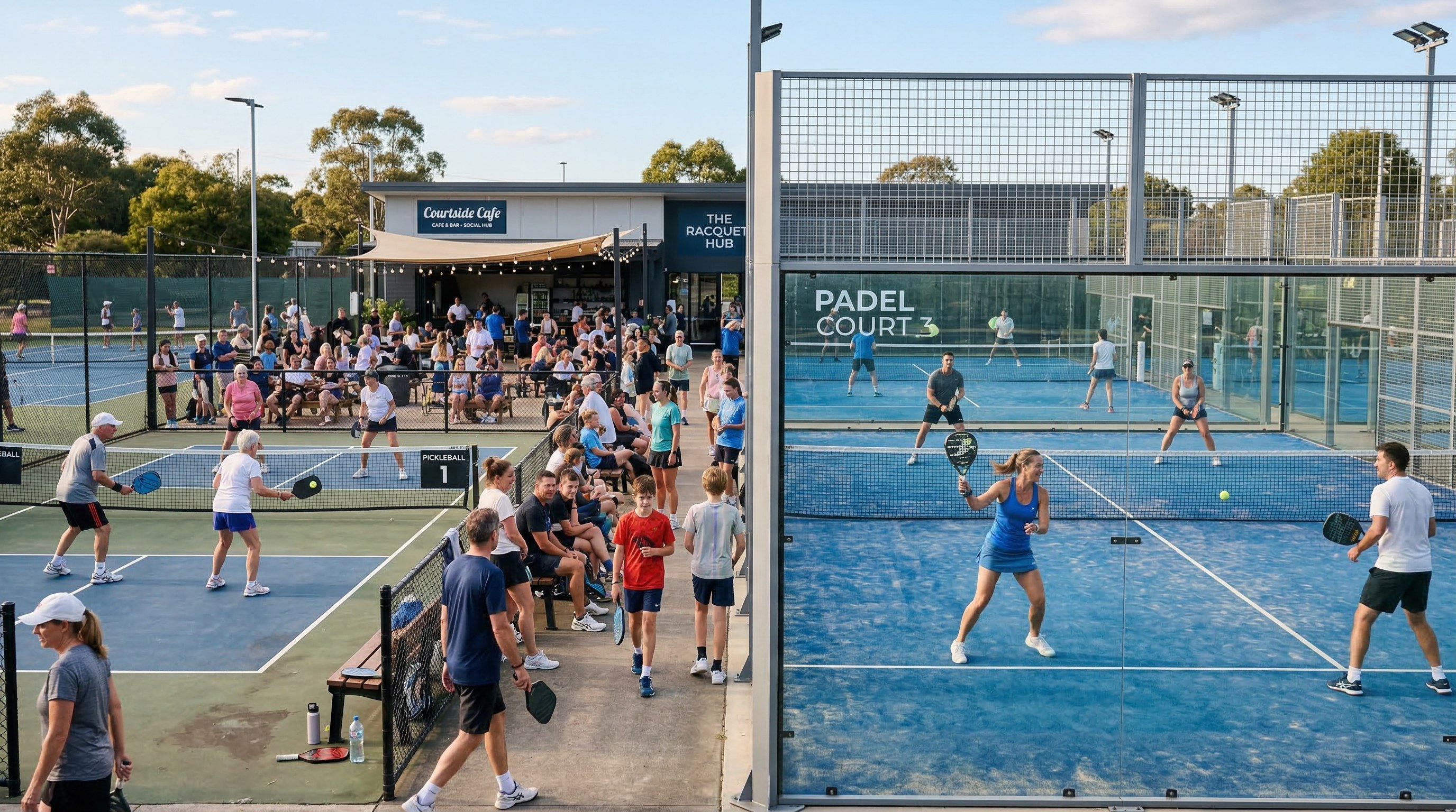 Overview of a vibrant multi-sport facility with padel and pickleball