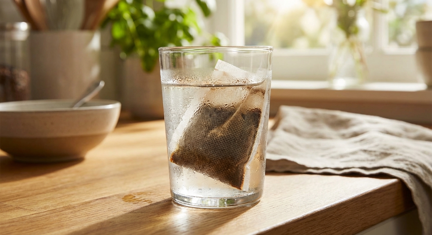 Image Description: An evocative lifestyle image showing a large cold brew drip bag being placed into a clear glass of water, illustrating the scale and intended use.
