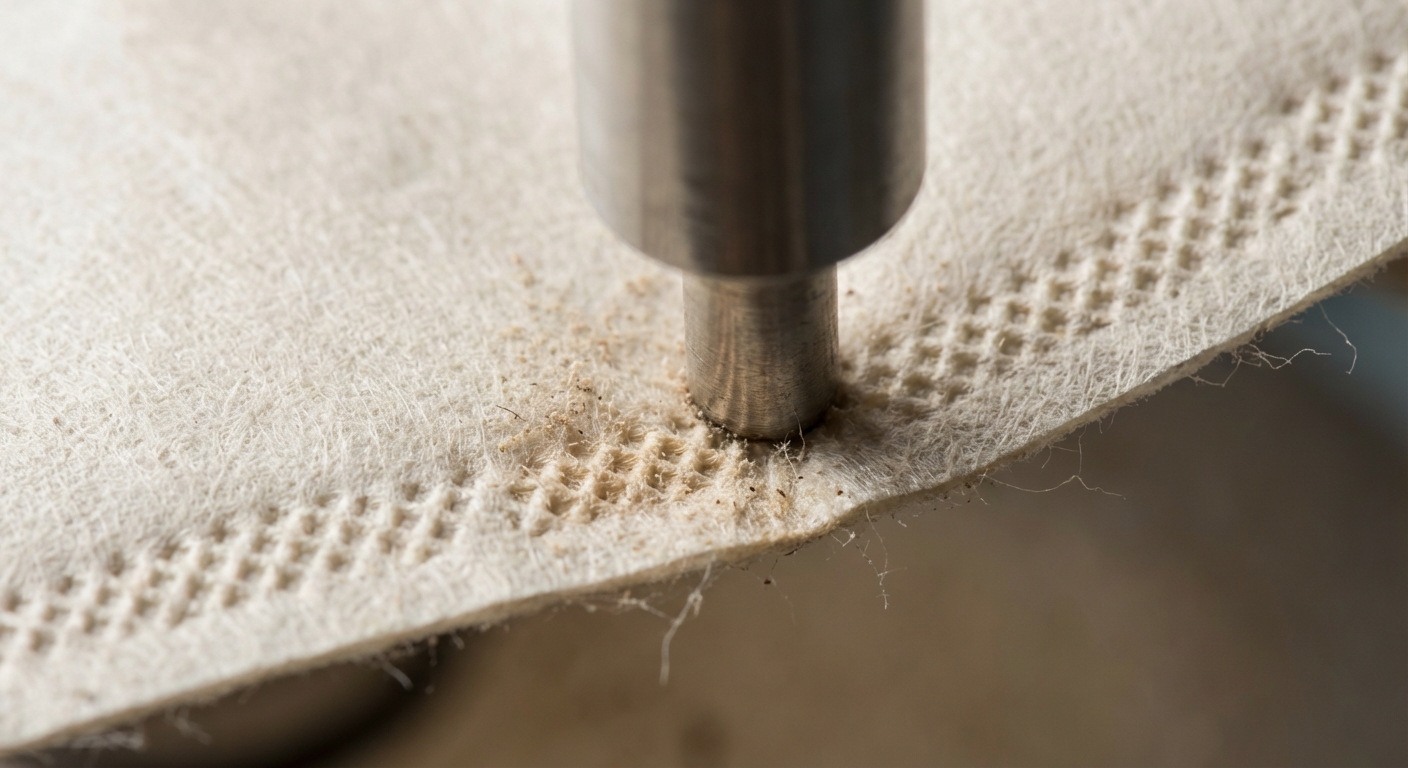 A photorealistic macro shot of an ultrasonic horn creating a seal on a coffee filter, showing the distinctive textured bond.