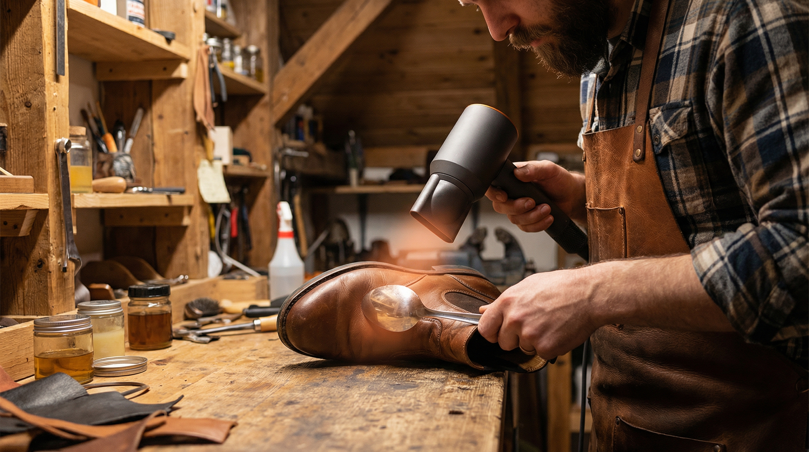 A person using a hand-held hair dryer to warm a leather boot while simultaneously massaging the leather with the back of a silver metal spoon A person using a hand-held hair dryer to warm a leather boot while simultaneously massaging the leather with the back of a silver metal spoon