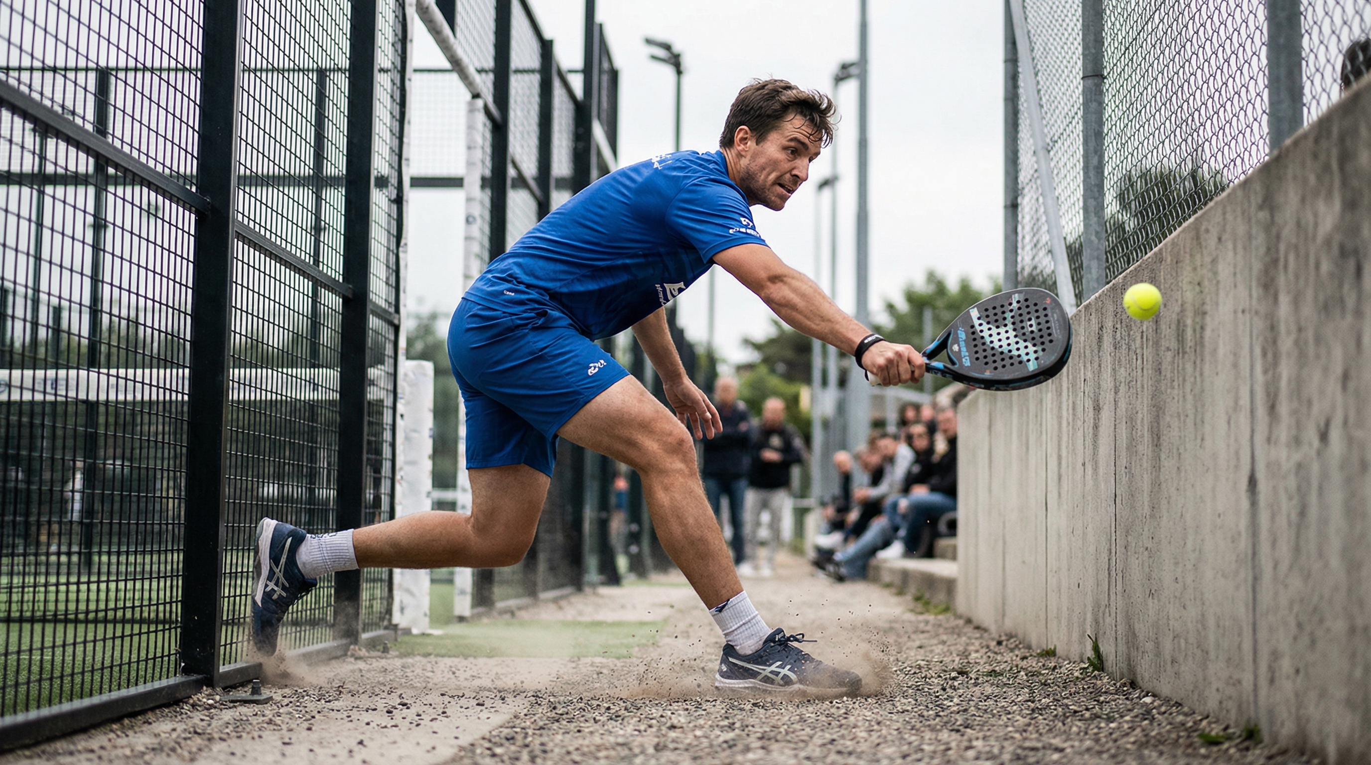 Padel player ball retrieval action shot