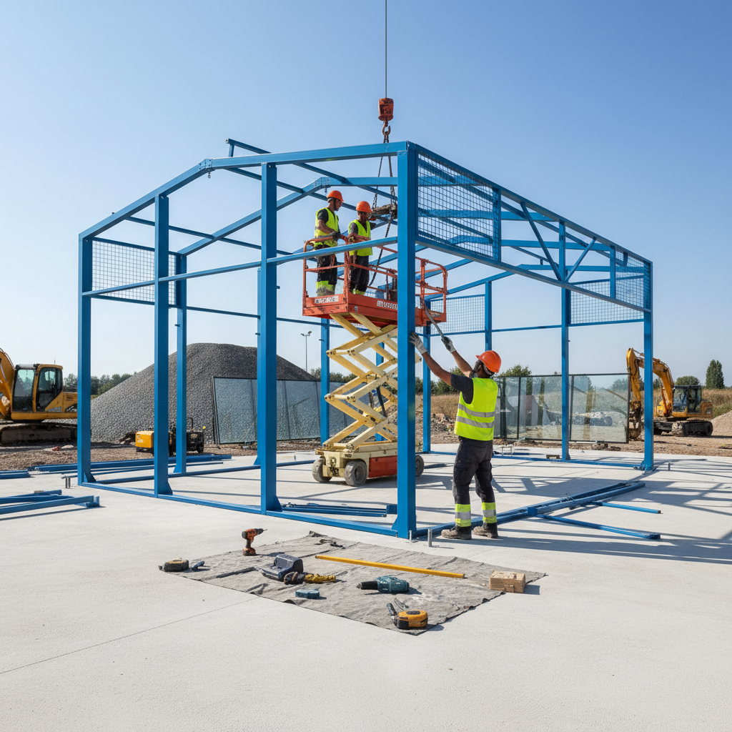 A construction site showing the assembly of a padel court frame. Workers in safety gear are bolting a modular steel beam onto a perfectly leveled concrete foundation.