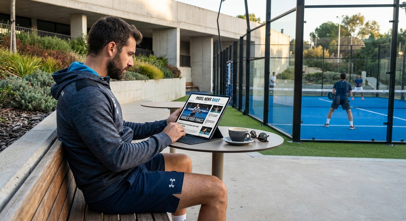 person reading sports news padel court