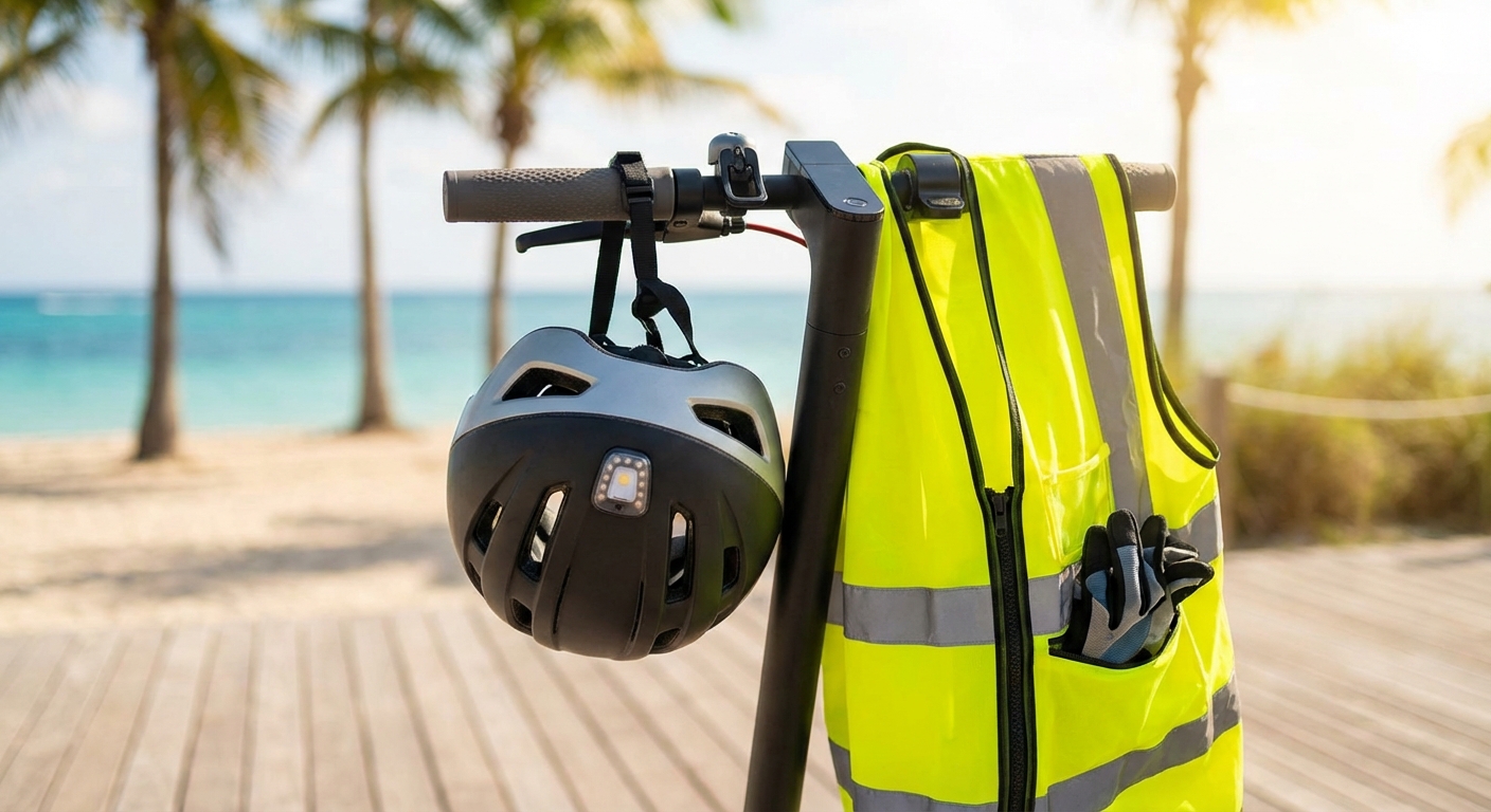 Electric scooter safety gear including a helmet and reflective vest
