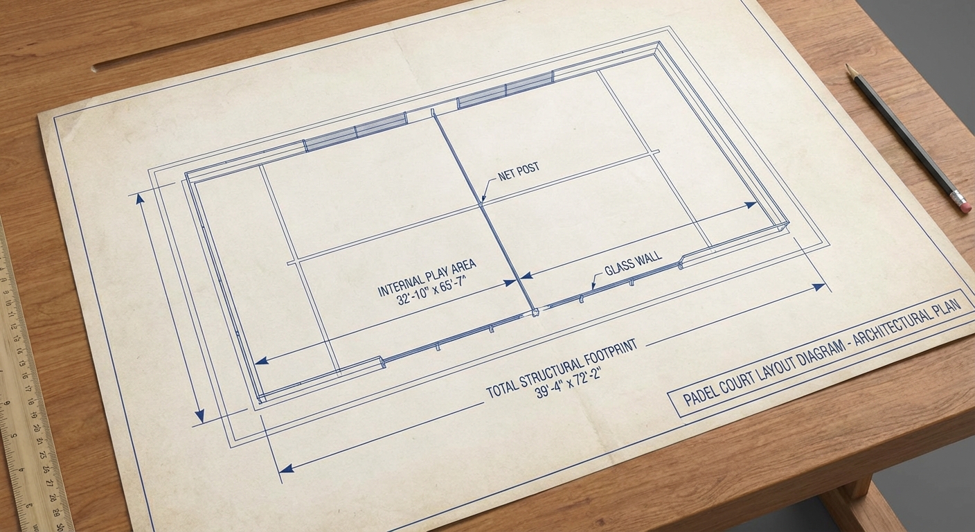 A professional architectural diagram/chart showing a top-down view of a padel court layout with dimension lines in feet for both internal play and total structural footprint.