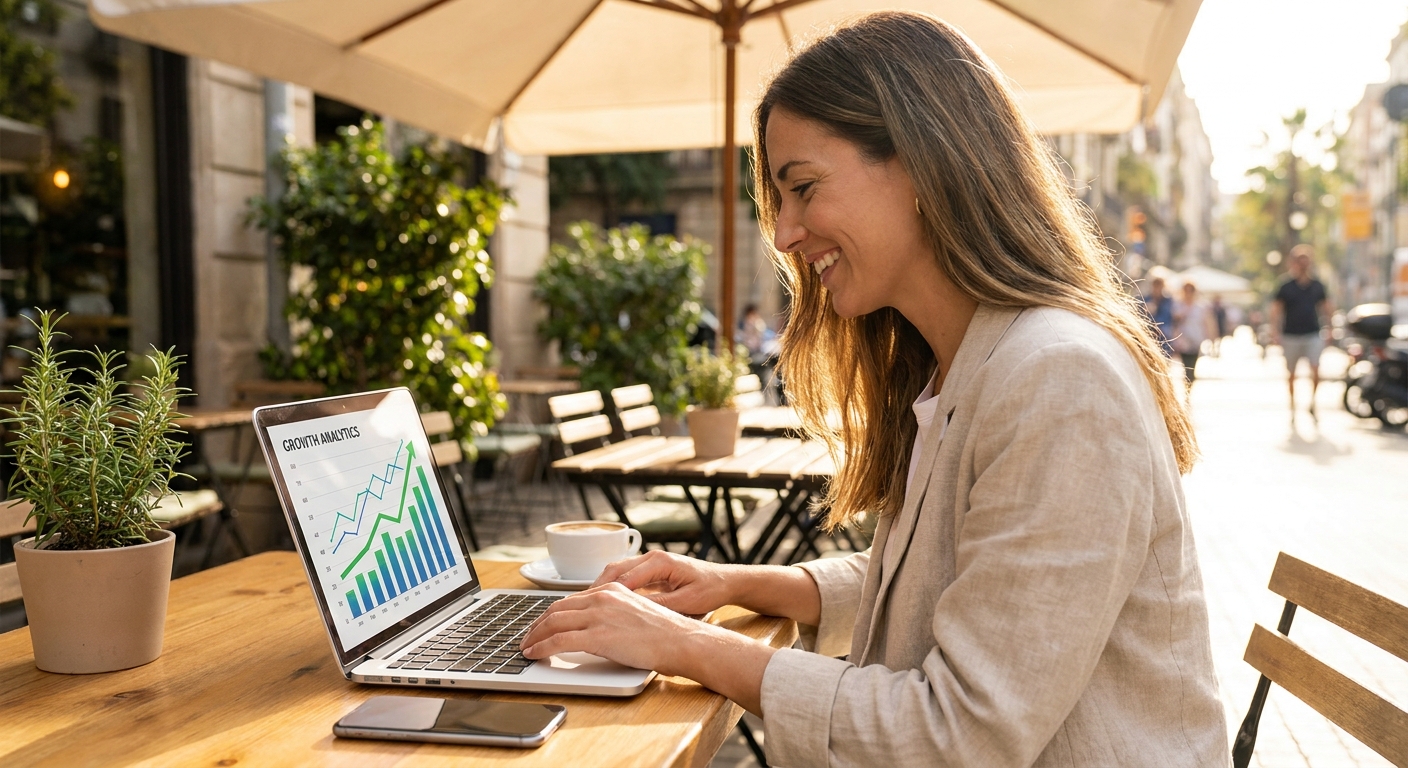 Happy Digital Entrepreneur Working at Sunny Cafe with Growing Sales Analytics