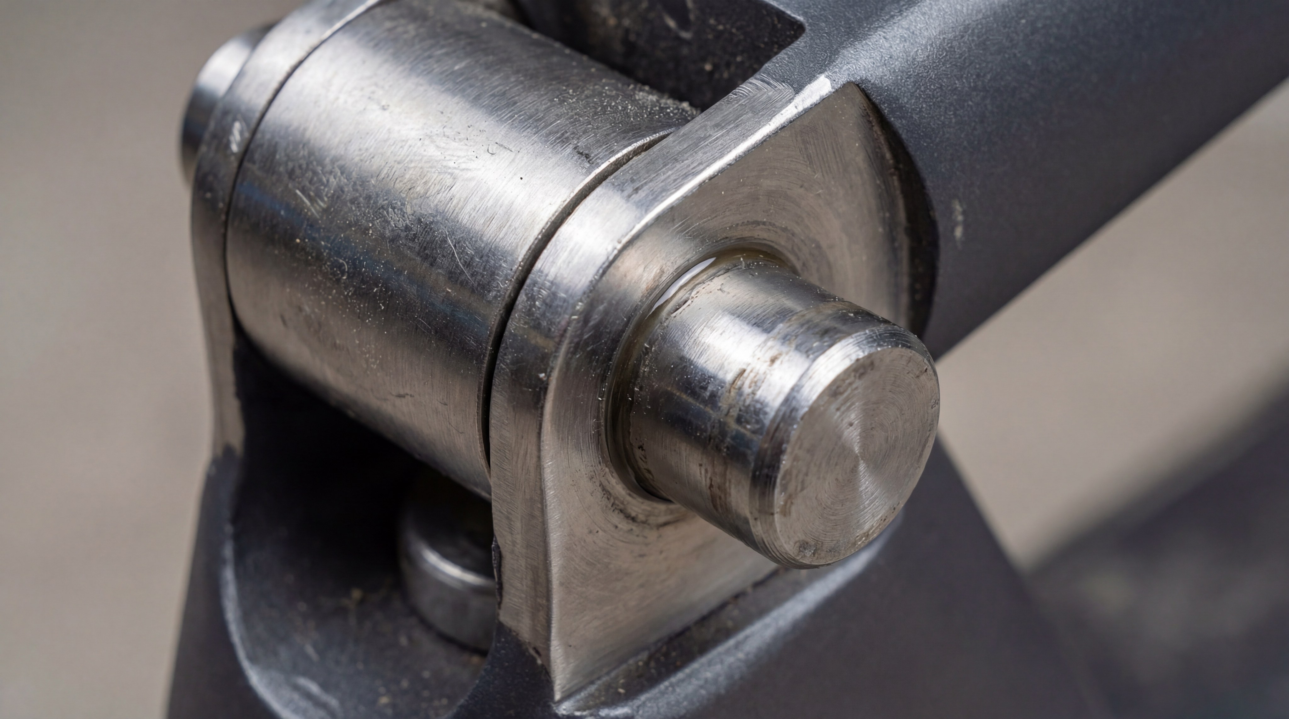 A macro photorealistic shot of a heavy-duty folding hinge on an electric scooter, showing the reinforced steel locking pin and smooth pivot point.