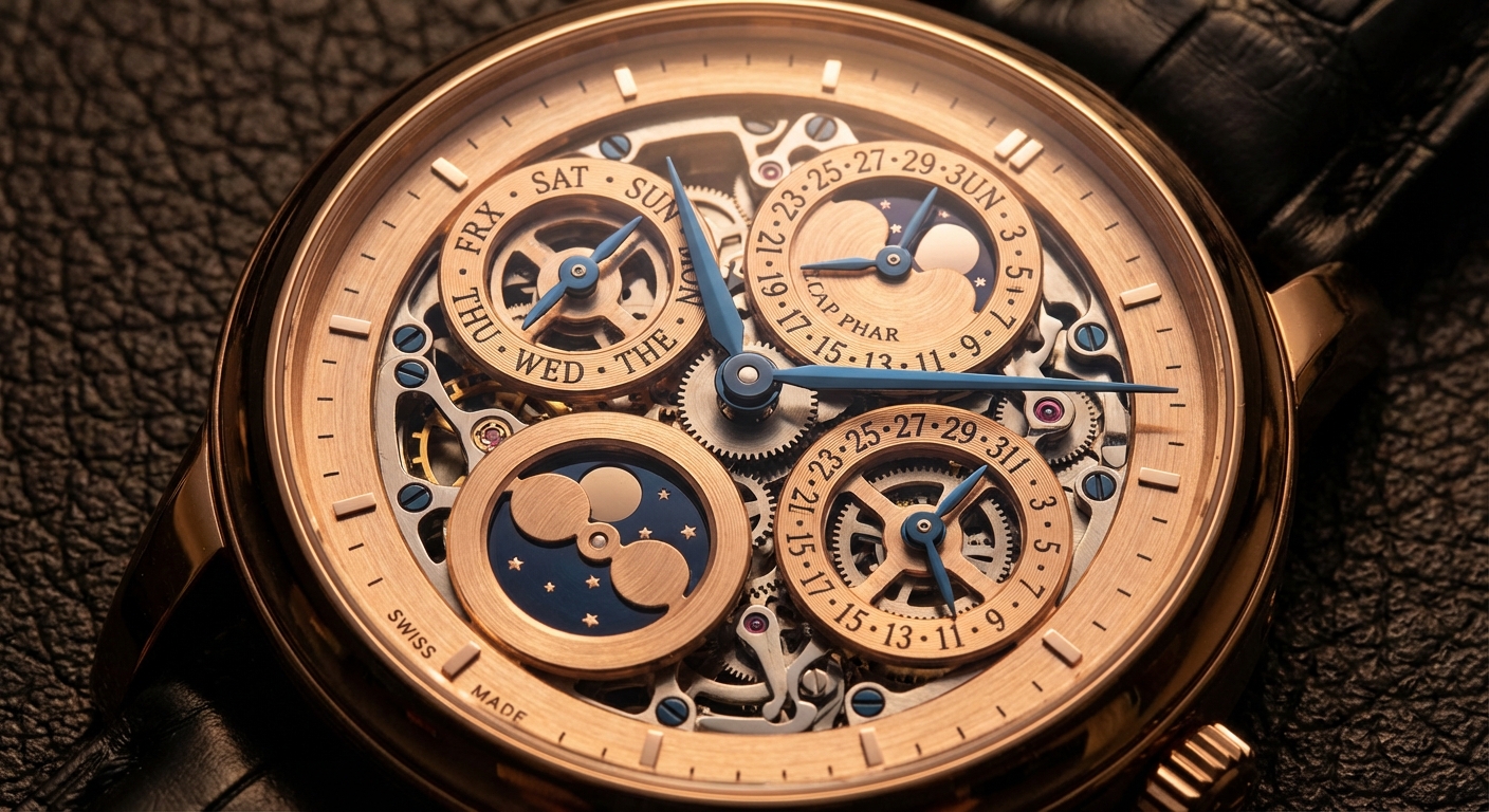 Detailed macro view of a large perpetual calendar watch movement