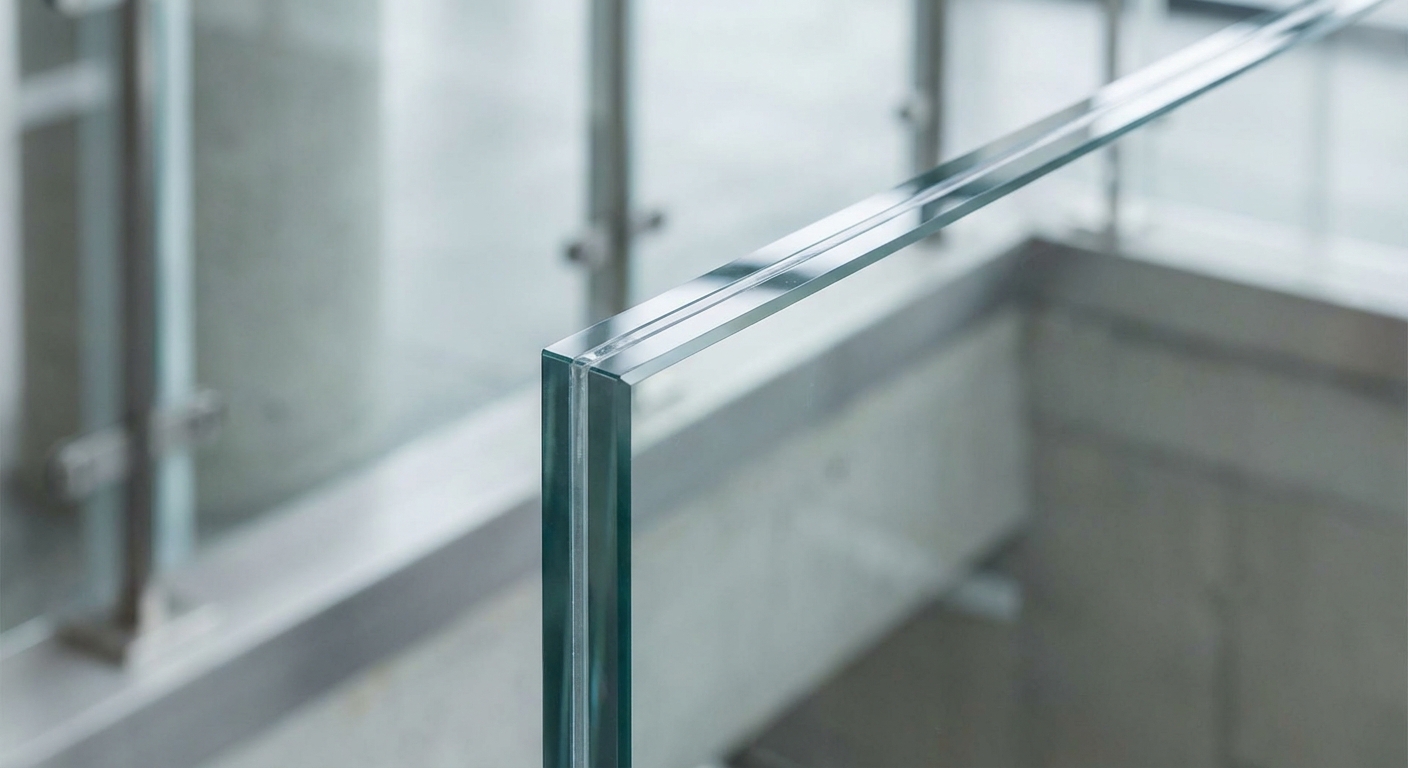 Macro photorealistic photography of a laminated glass edge showcasing the clear bond between multiple layers and high-quality polishing