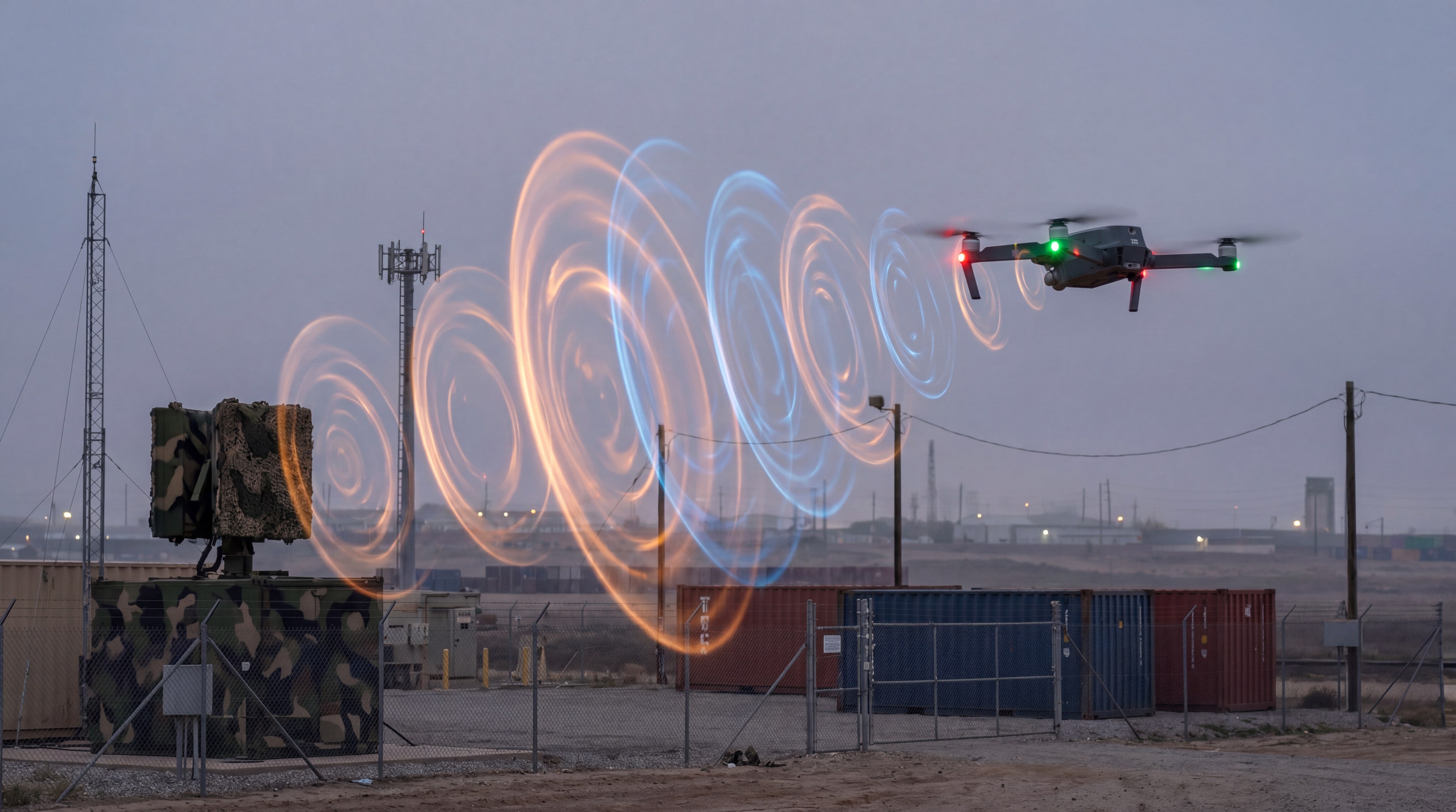 Visual representation of RF signal disruption waves targeting a drone in a contested environment.