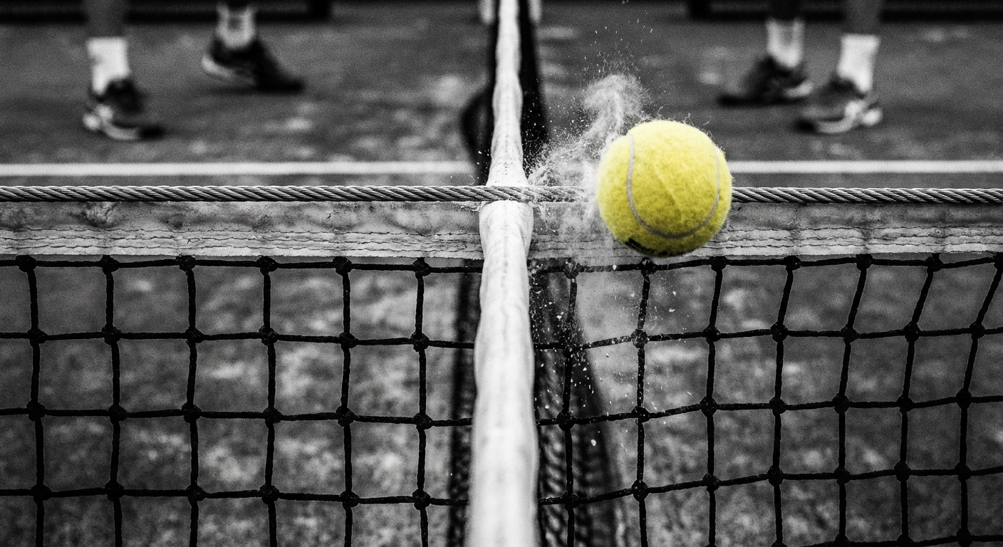 A referee's perspective looking down the net line, showing a ball hitting the top of the cable, high-contrast sports photography style.