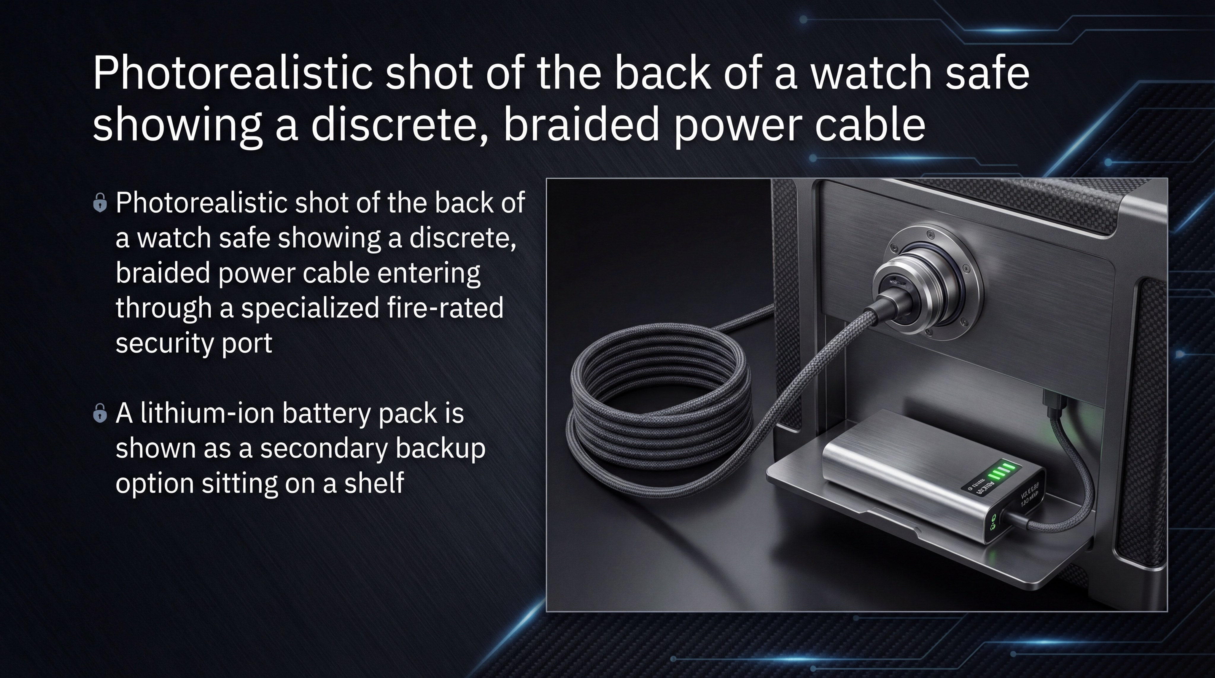 back of a watch safe showing a discrete braided power cable