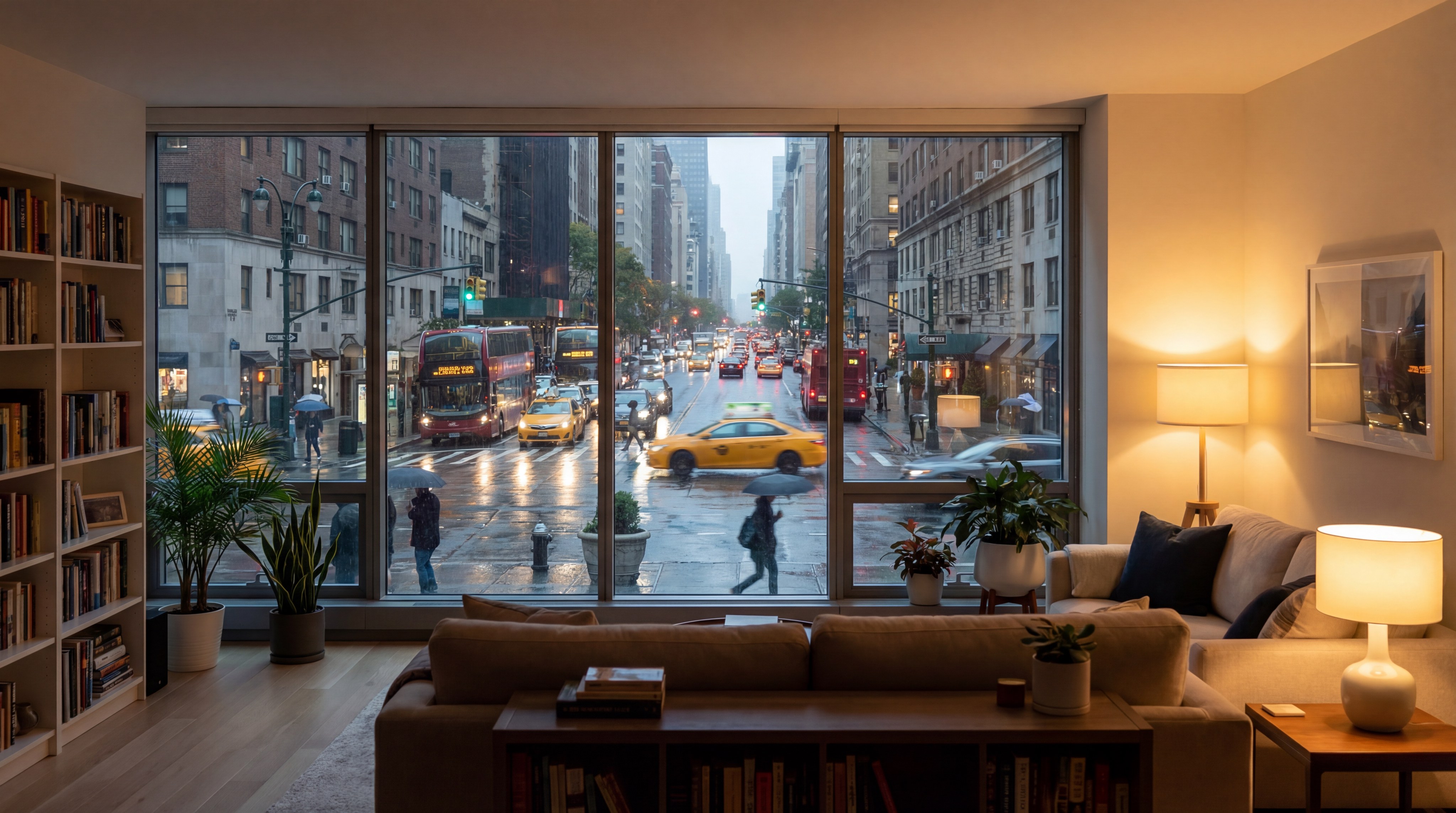 interior of a quiet modern apartment overlooking a busy city street