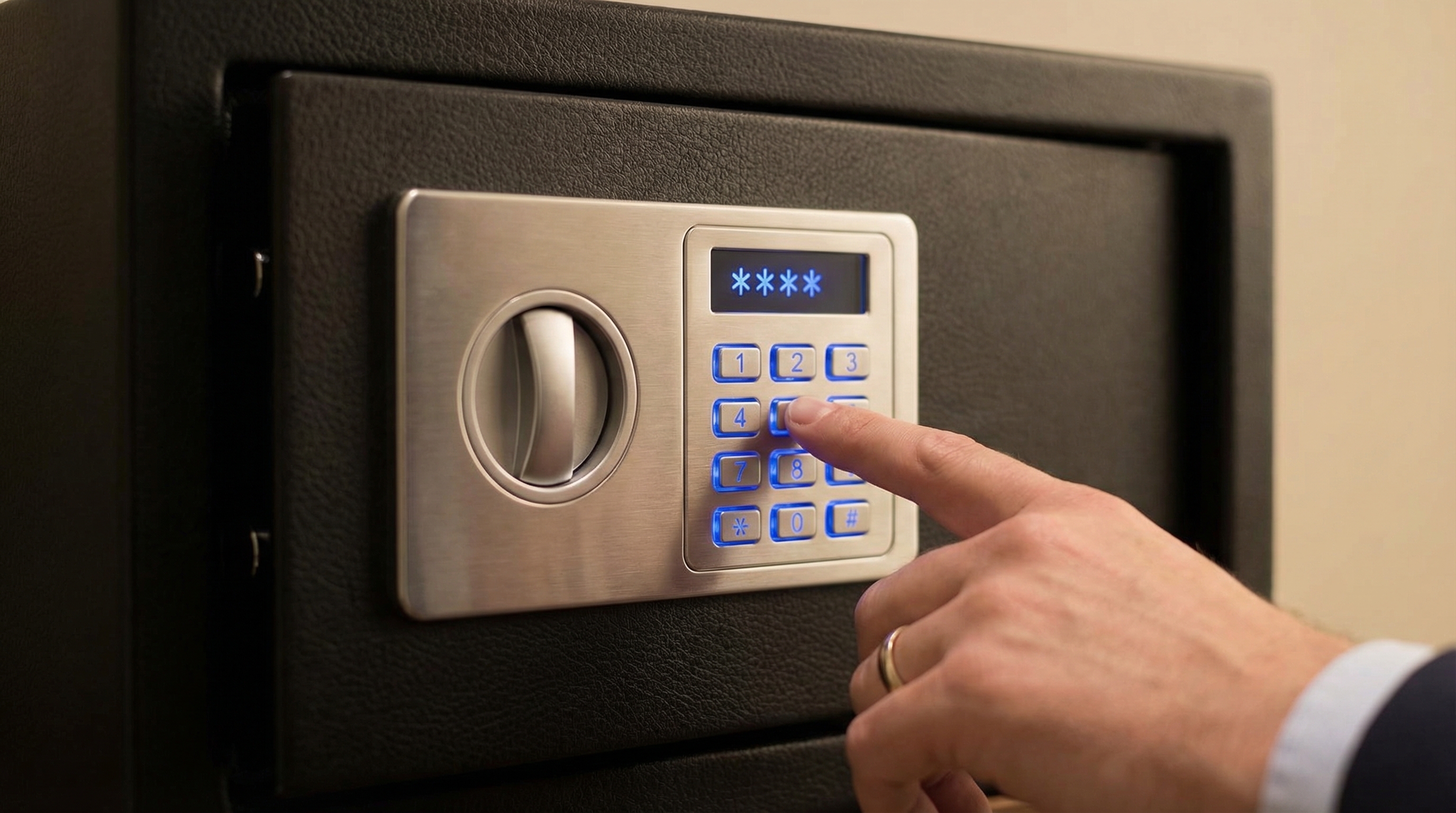 Close up of a person entering a secure code on a backlit metal digital keypad