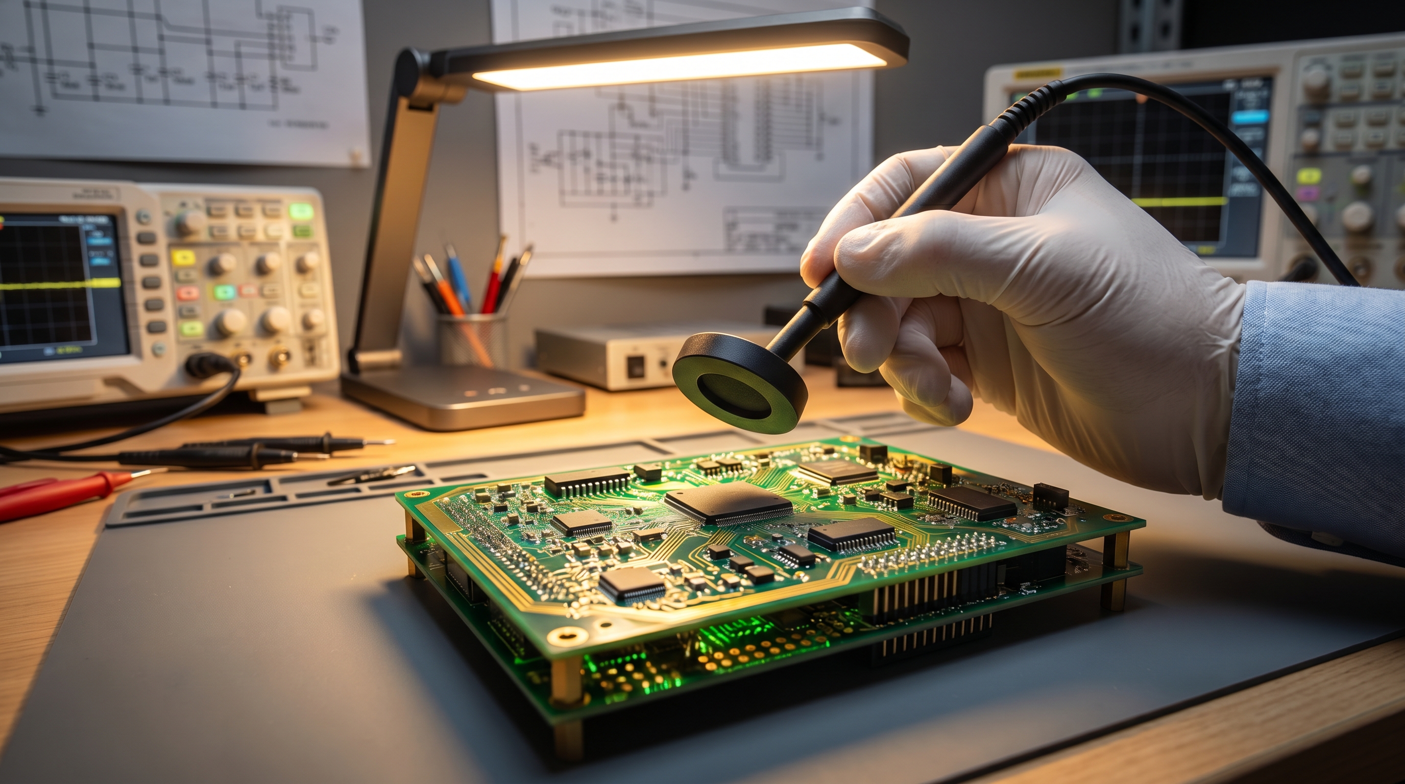 Figure 2: Engineer using an H-field near-field probe to pinpoint localized emissions on a printed circuit board.