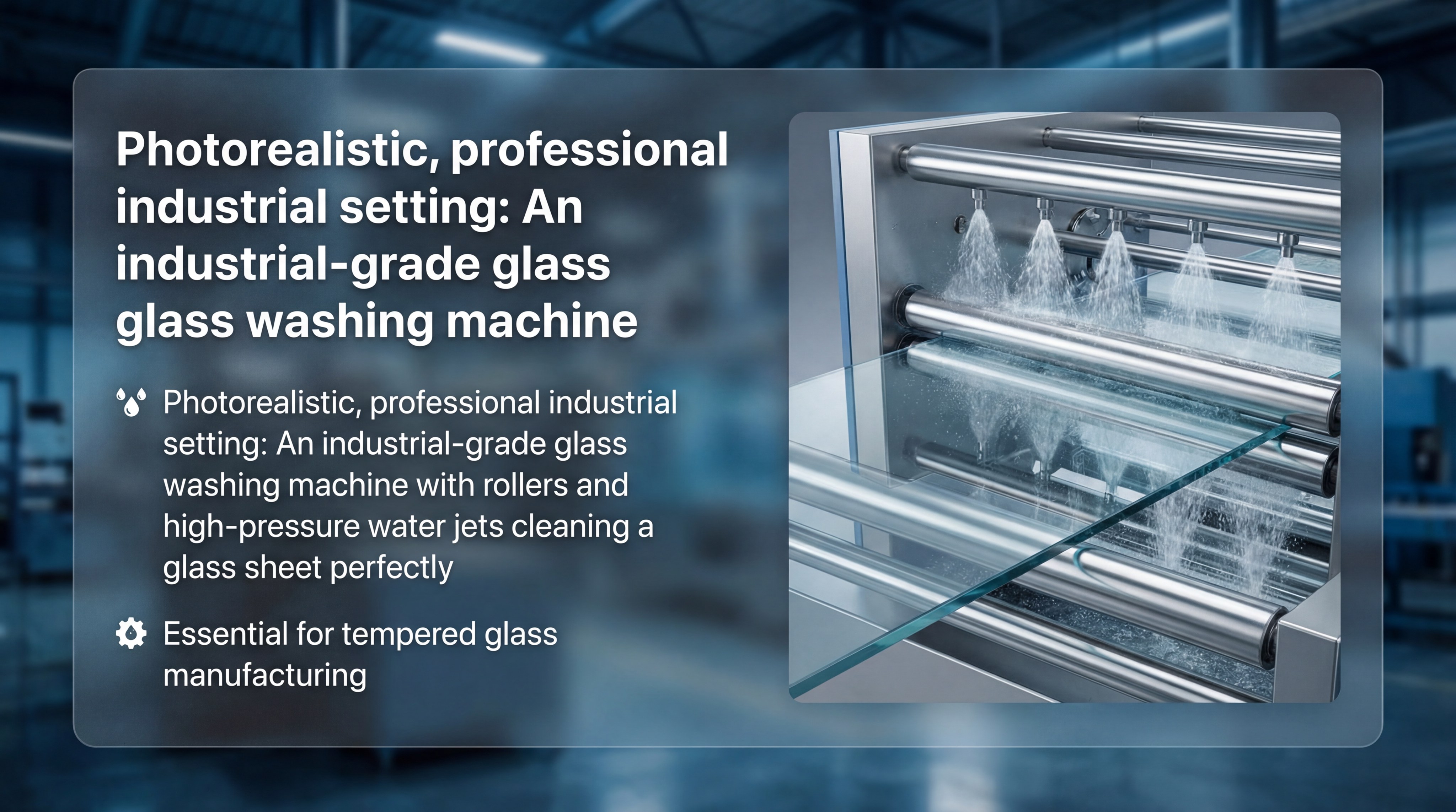 An industrial-grade glass washing machine with rollers and high-pressure water jets cleaning a glass sheet perfectly