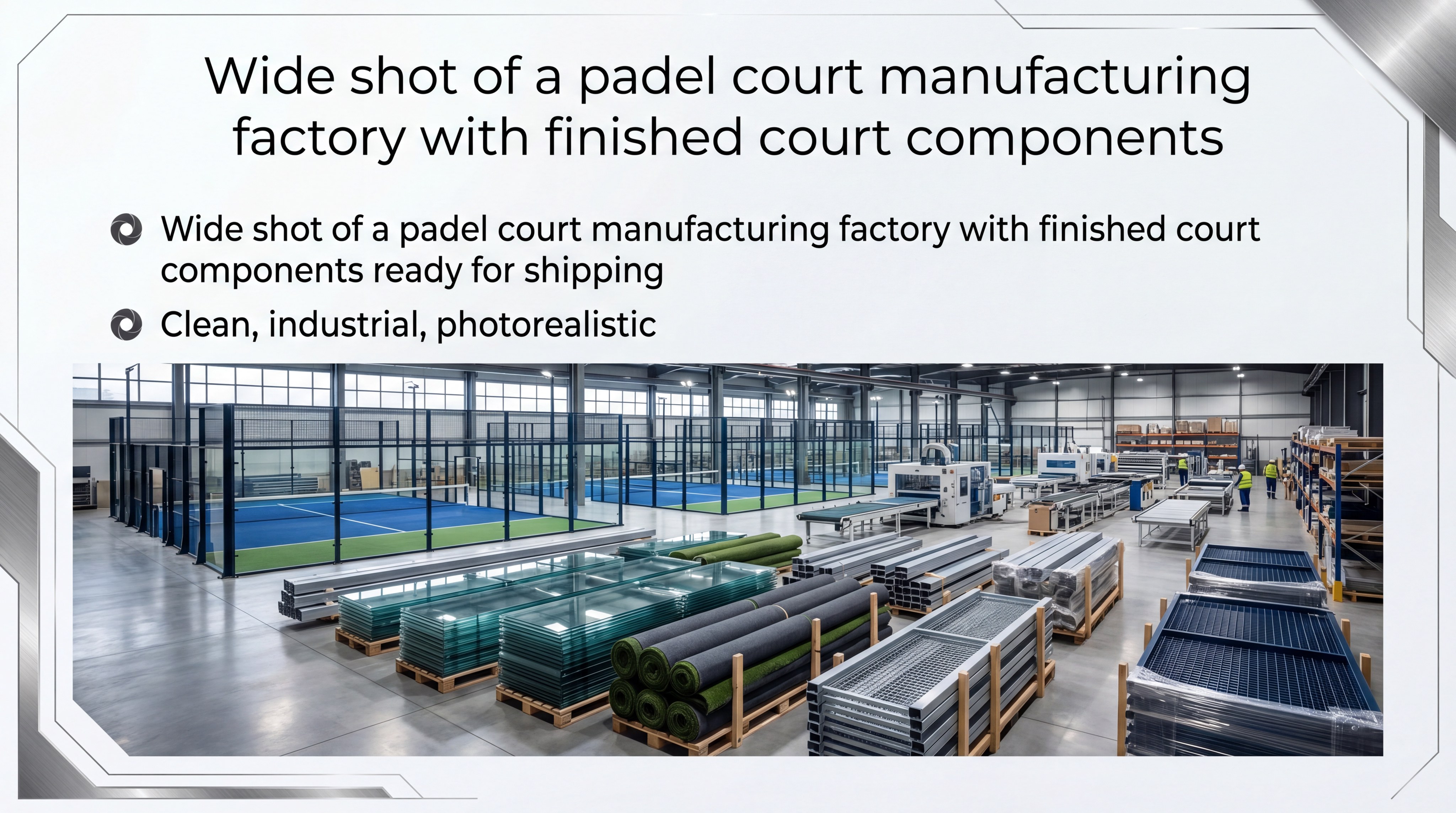 Wide shot of a padel court manufacturing factory with finished court components ready for shipping