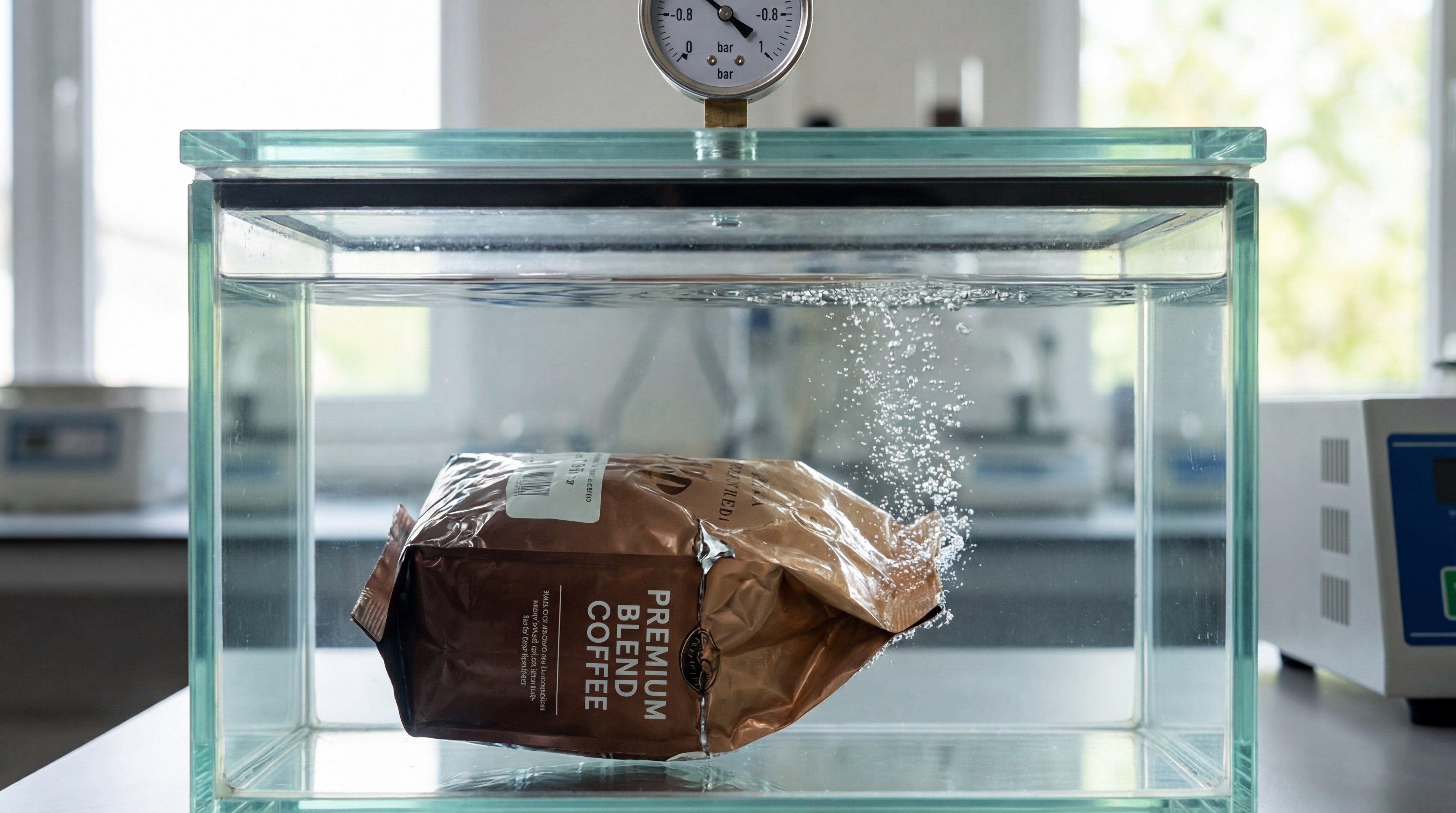 Alt Text: Close-up of a coffee bag vacuum seal failure being analyzed