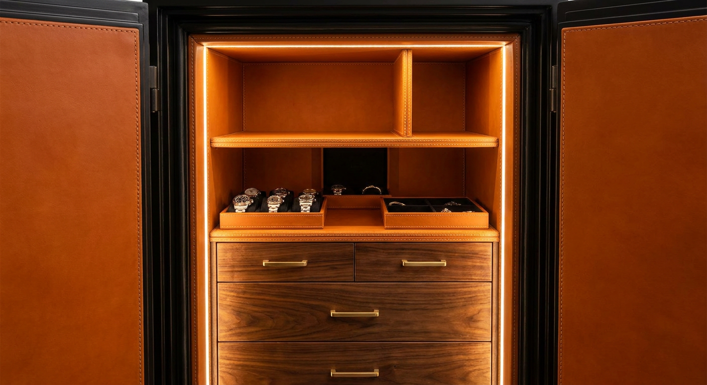 A bespoke safe interior wrapped in hand-stitched premium orange leather