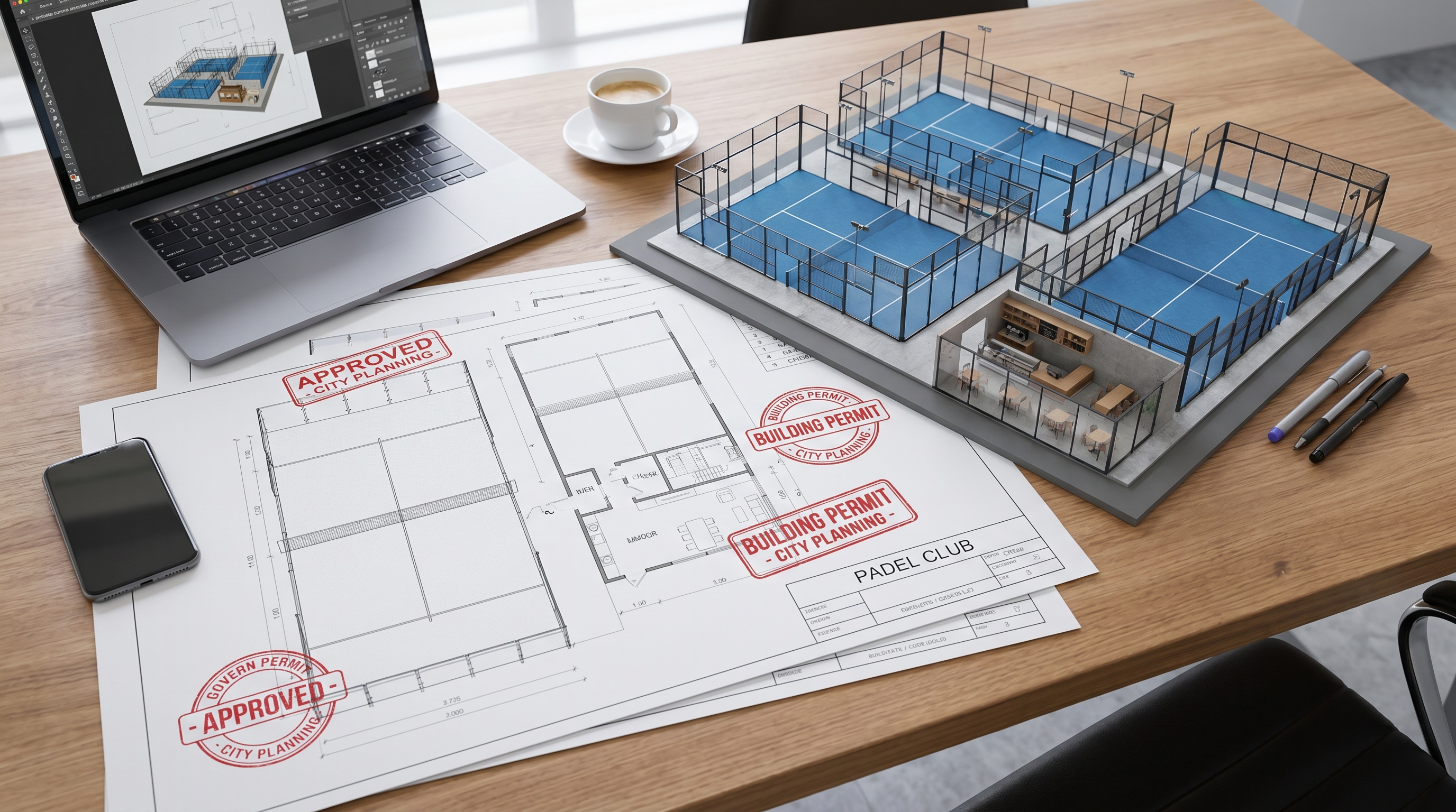 Professional blueprints and models for a padel club construction project.