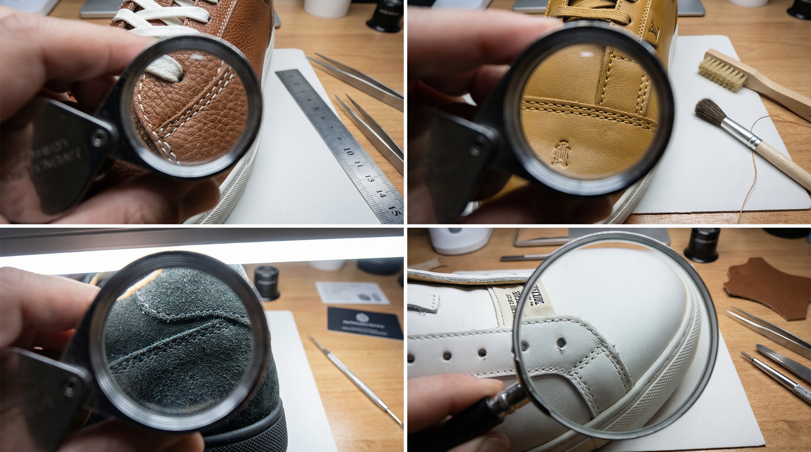 A detailed view of a sneaker through a magnifying glass, highlighting the textures and materials during an authentication check.
