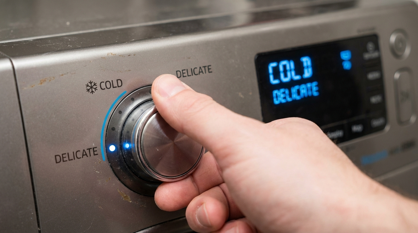 Hand turning a washing machine dial to the cold delicate setting