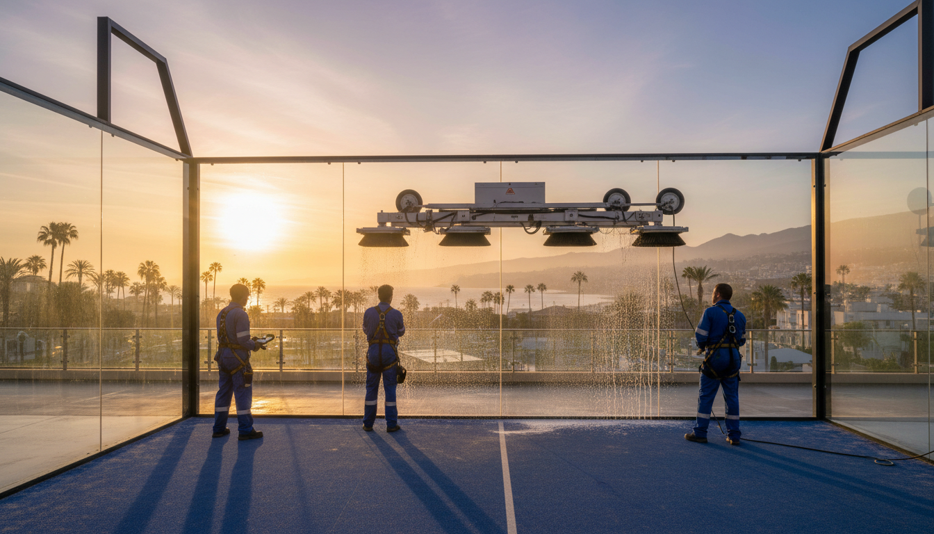 Maintenance and glass cleaning of a padel court