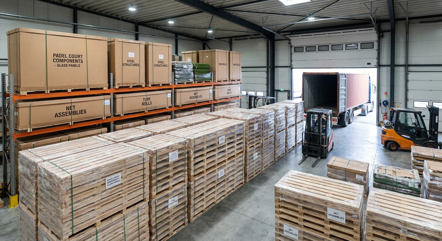 Inside a large manufacturing warehouse showing stacks of padel court frames and glass panels ready for global shipment.