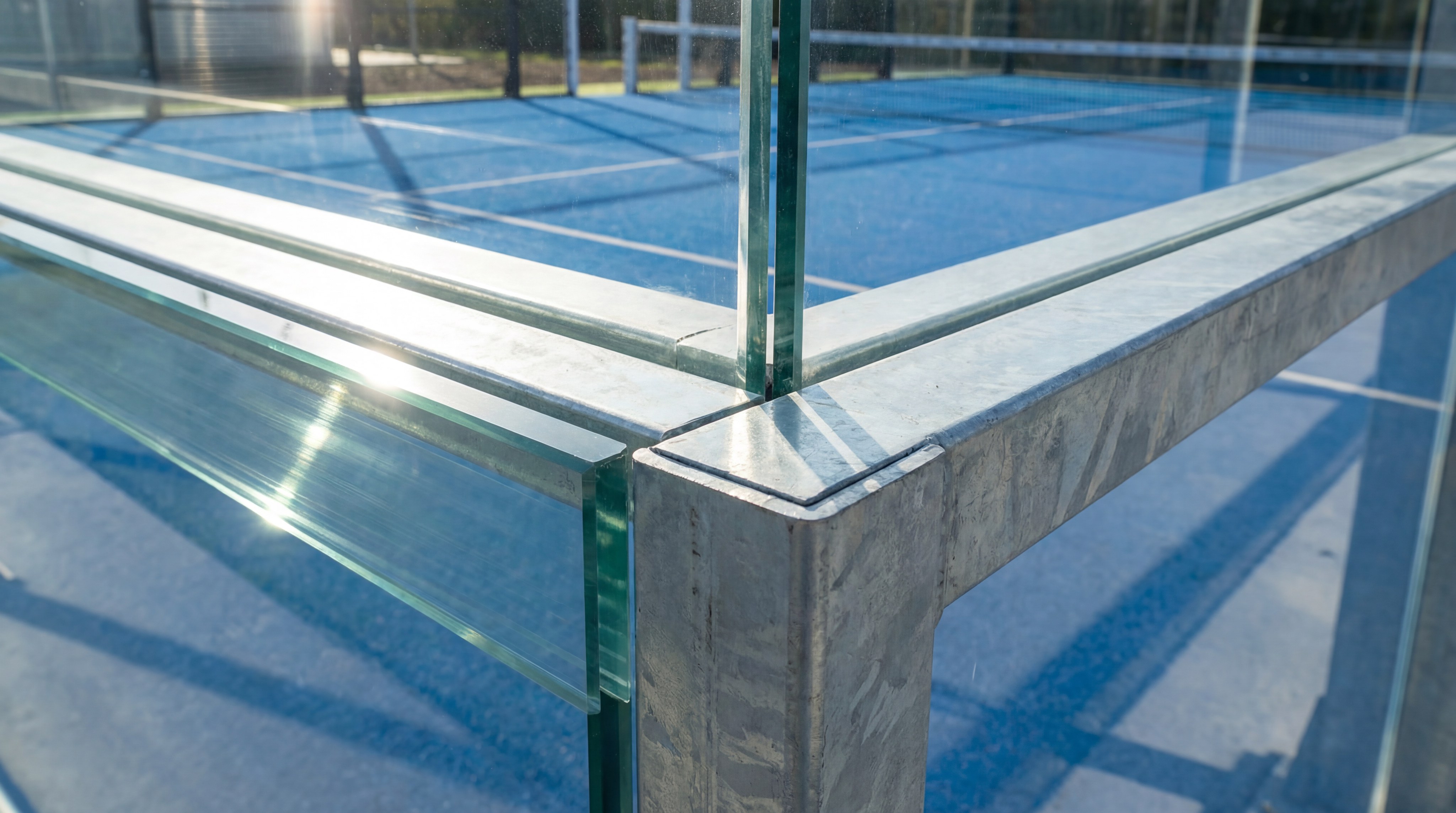 A detailed photorealistic close-up of a padel court corner showing the intersection of 12mm tempered glass and a galvanized steel post.