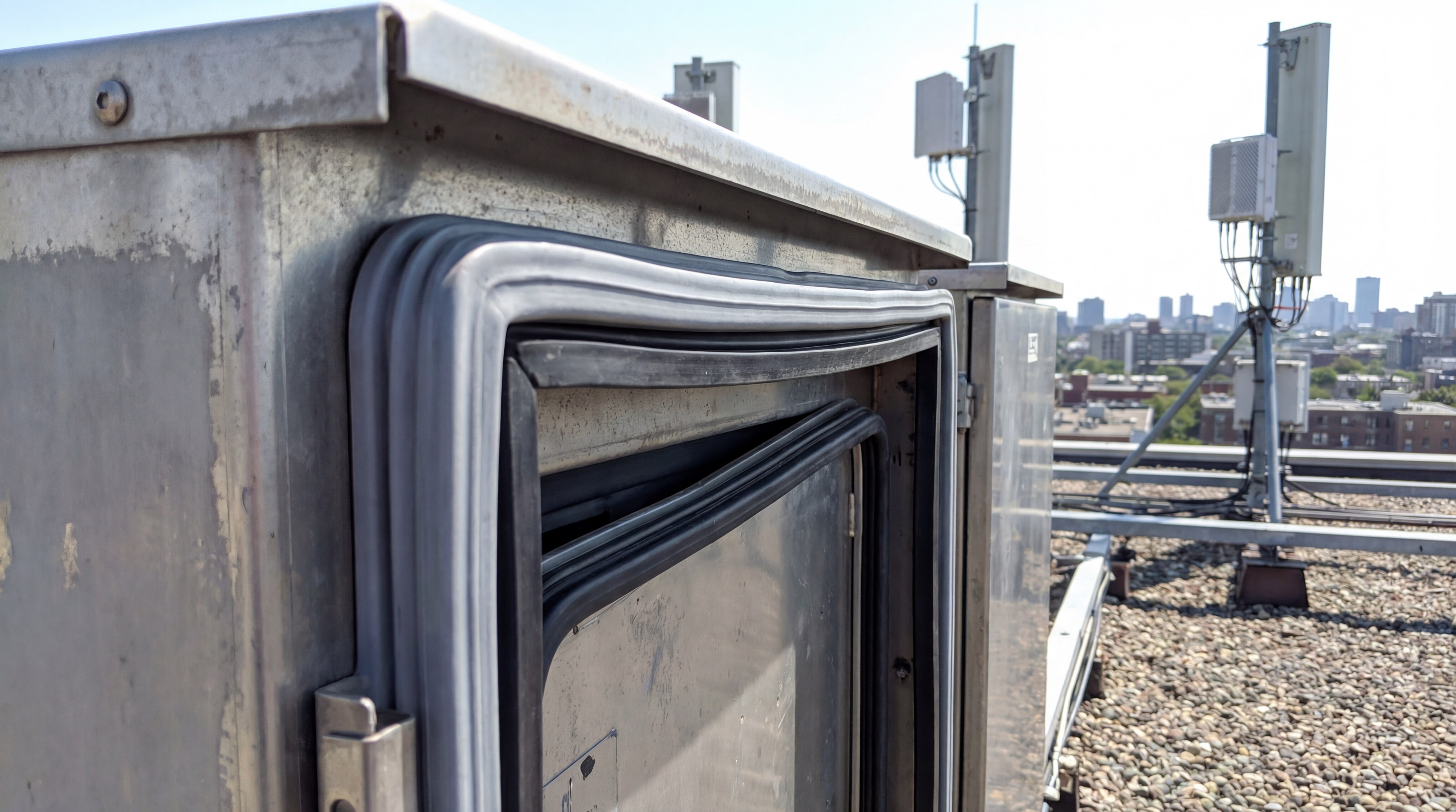A photorealistic, wide-angle shot of a telecommunications cabinet on a rooftop under a bright sun. The cabinet door is slightly ajar, showing a thick, black silicone door seal that is designed to withstand UV rays and high heat.
