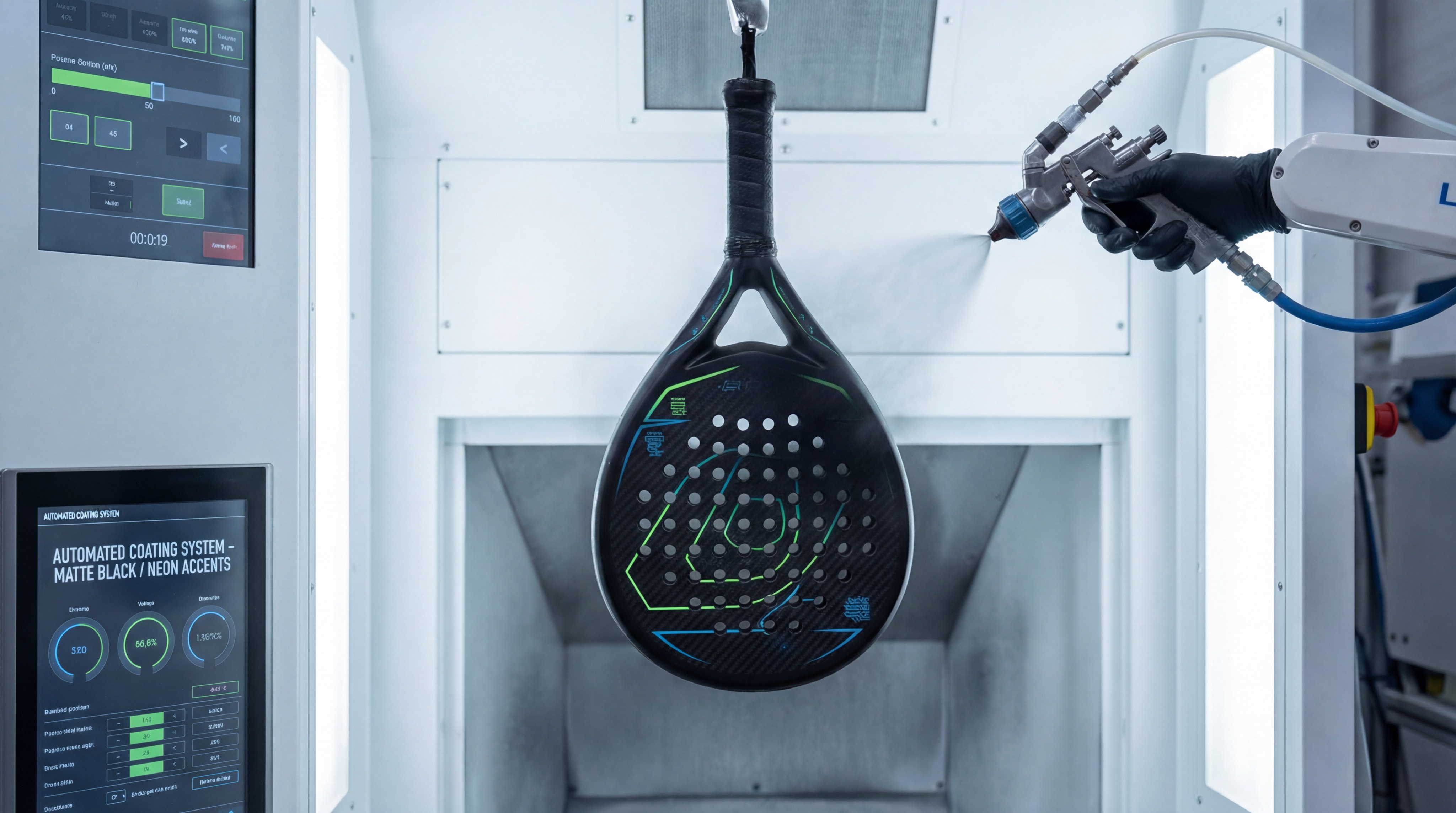 A professional spray booth where a raqueta de padel is being finished with a matte protective coating. The surface shows a subtle "sandpaper" texture used for applying spin to the ball.