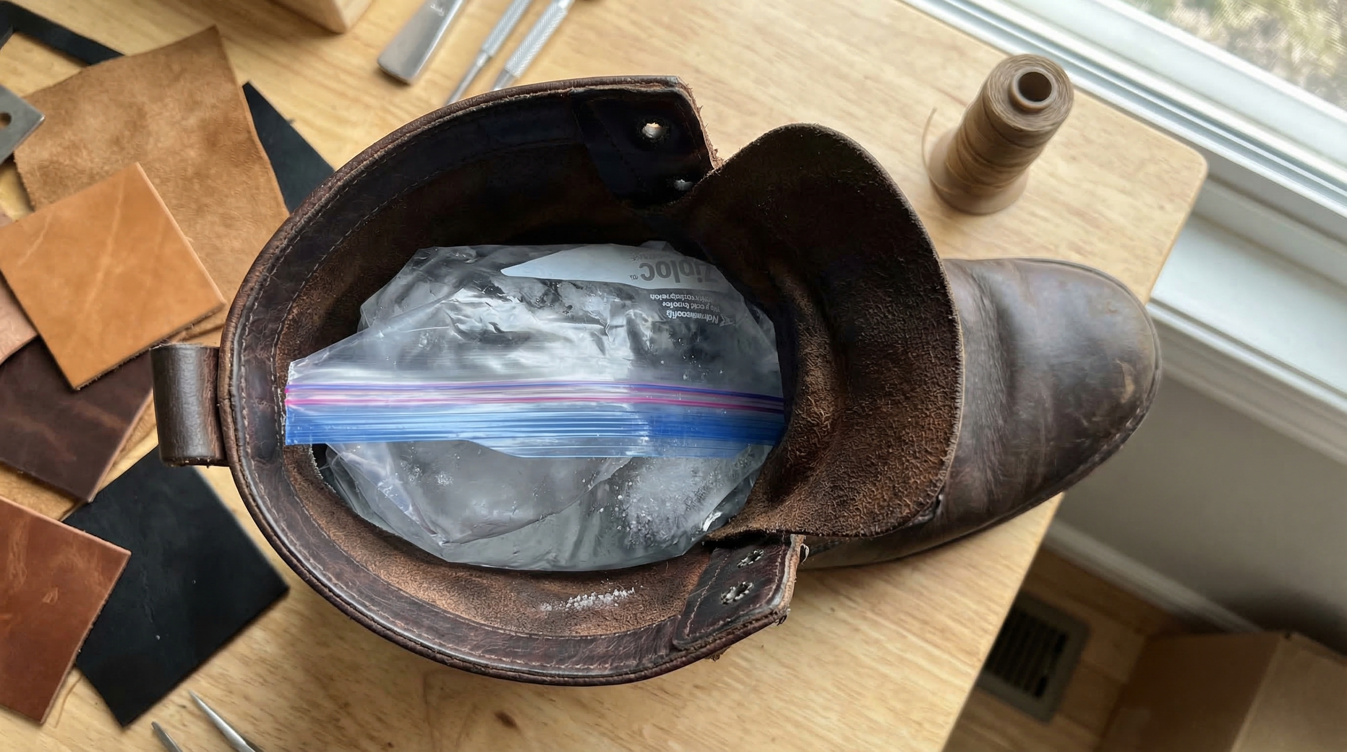 A top-down view of a Ziploc bag filled with water placed inside a leather boot for freezing