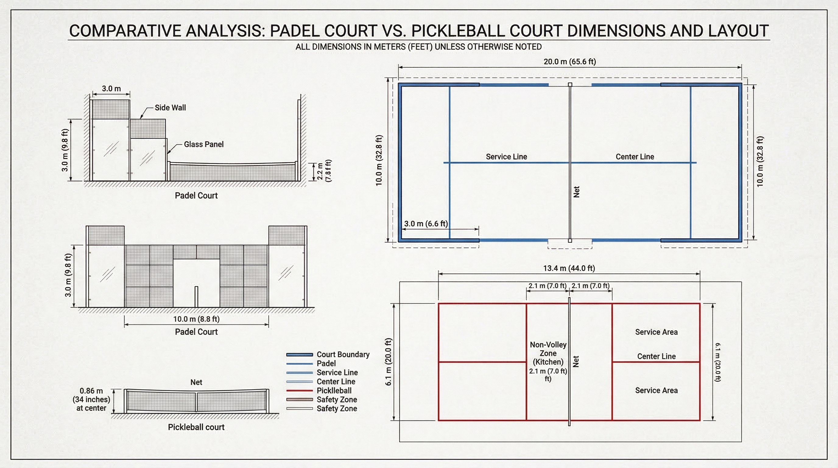 Padel vs pickleball court dimensions and layout diagram