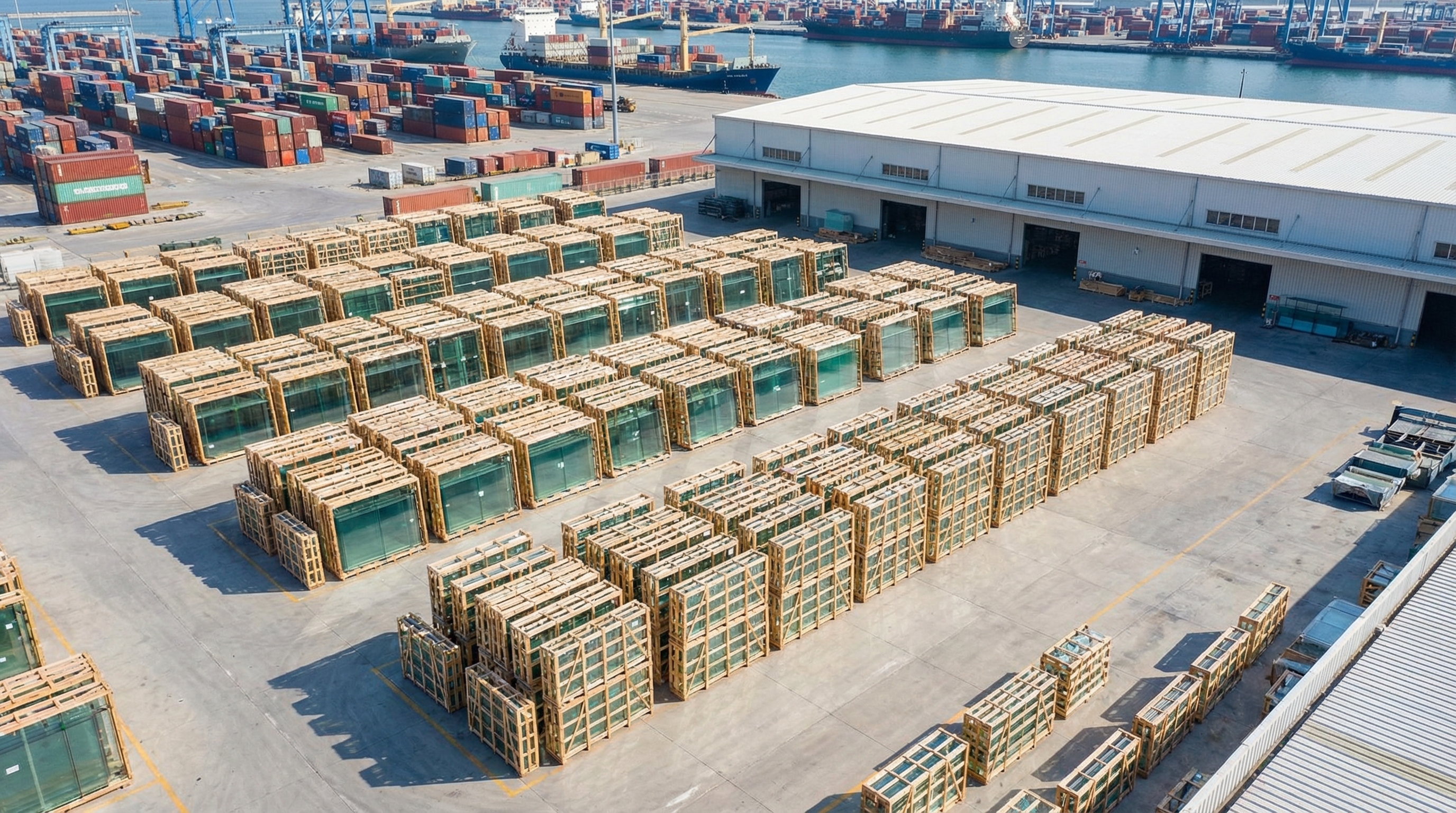 Aerial view of organized glass warehouse