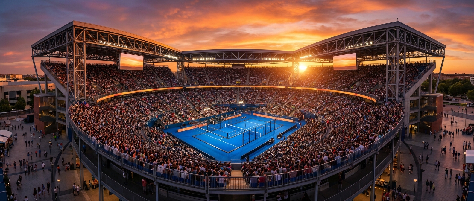 Professional padel stadium at sunset