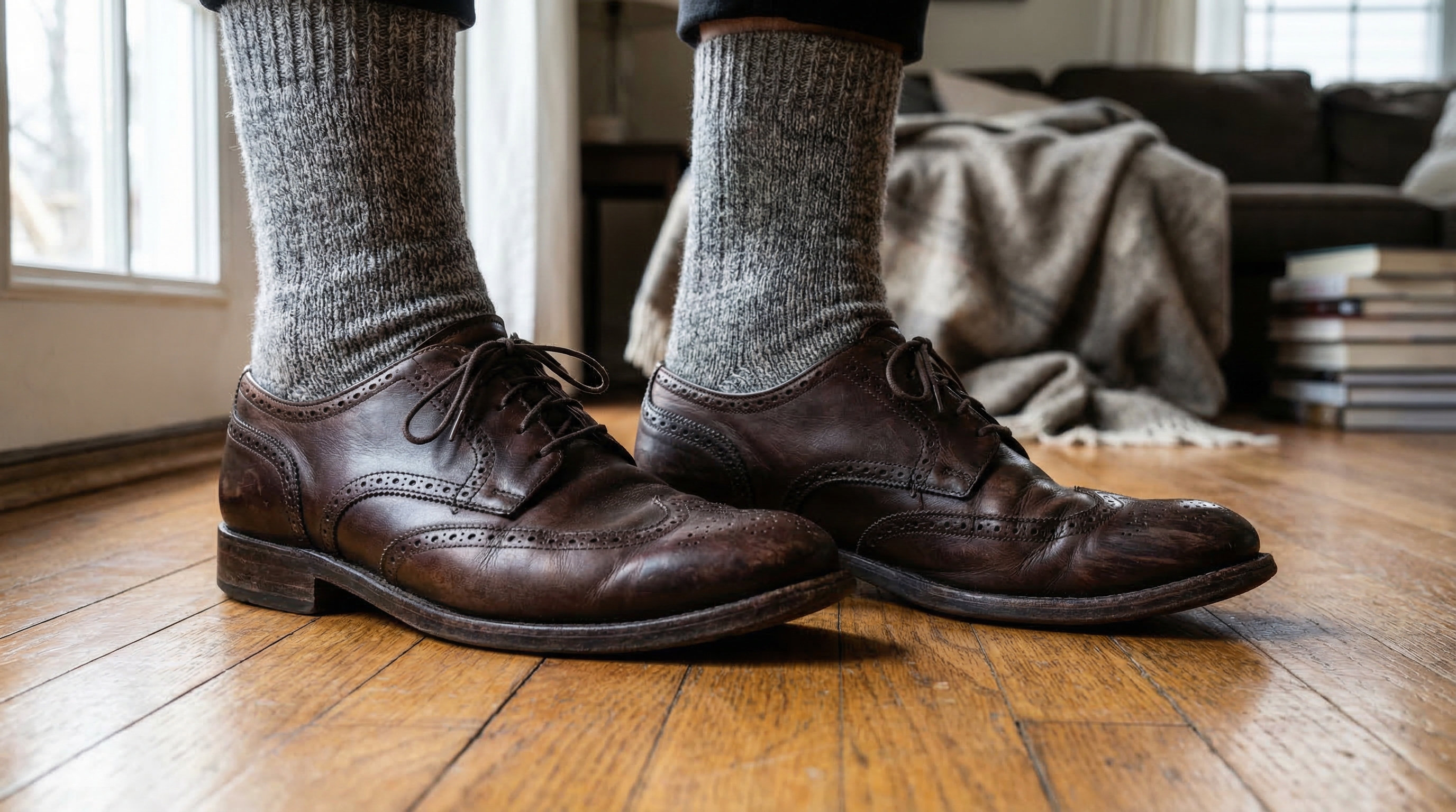 Cozy leather oxfords with wool socks on a wooden floor