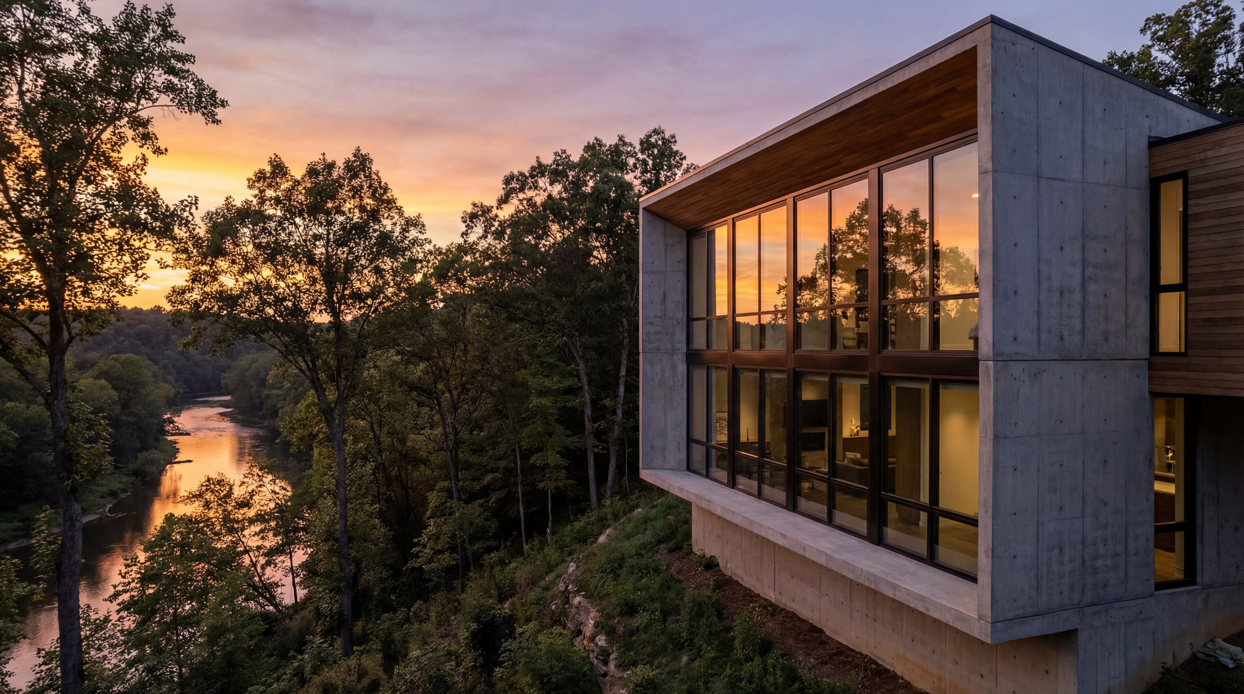 modern architectural home with expansive floor-to-ceiling windows