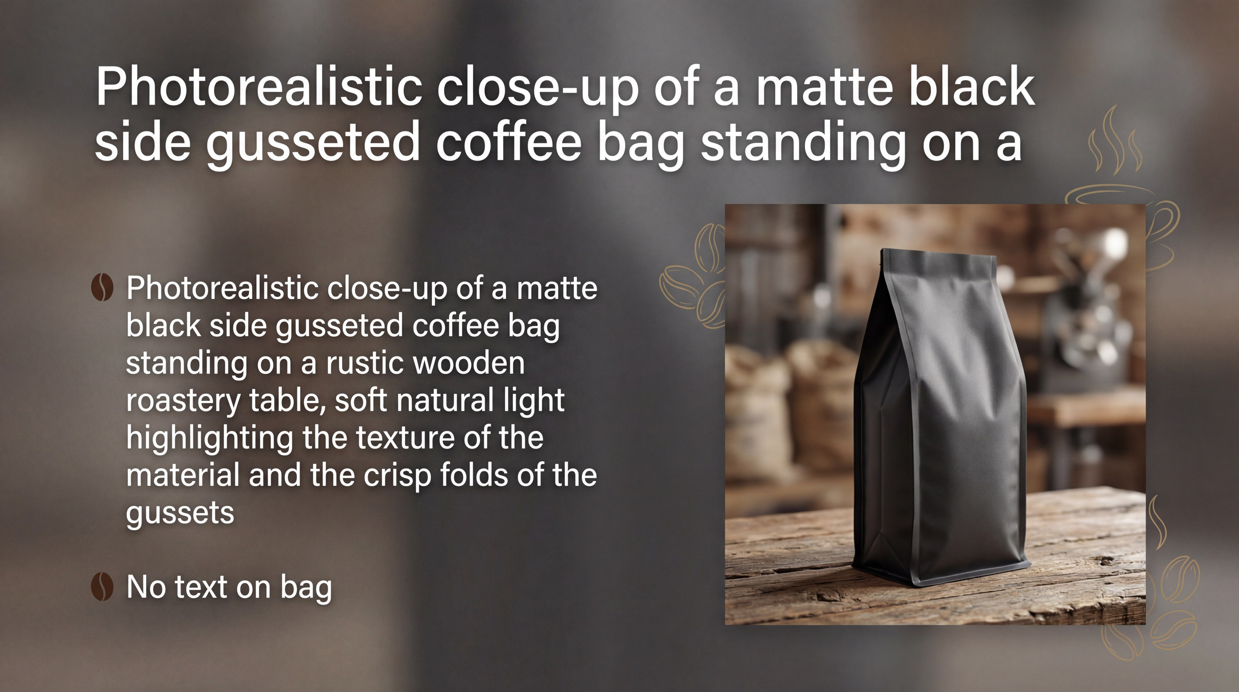 Photorealistic close-up of a matte black side gusseted coffee bag standing on a rustic wooden roastery table