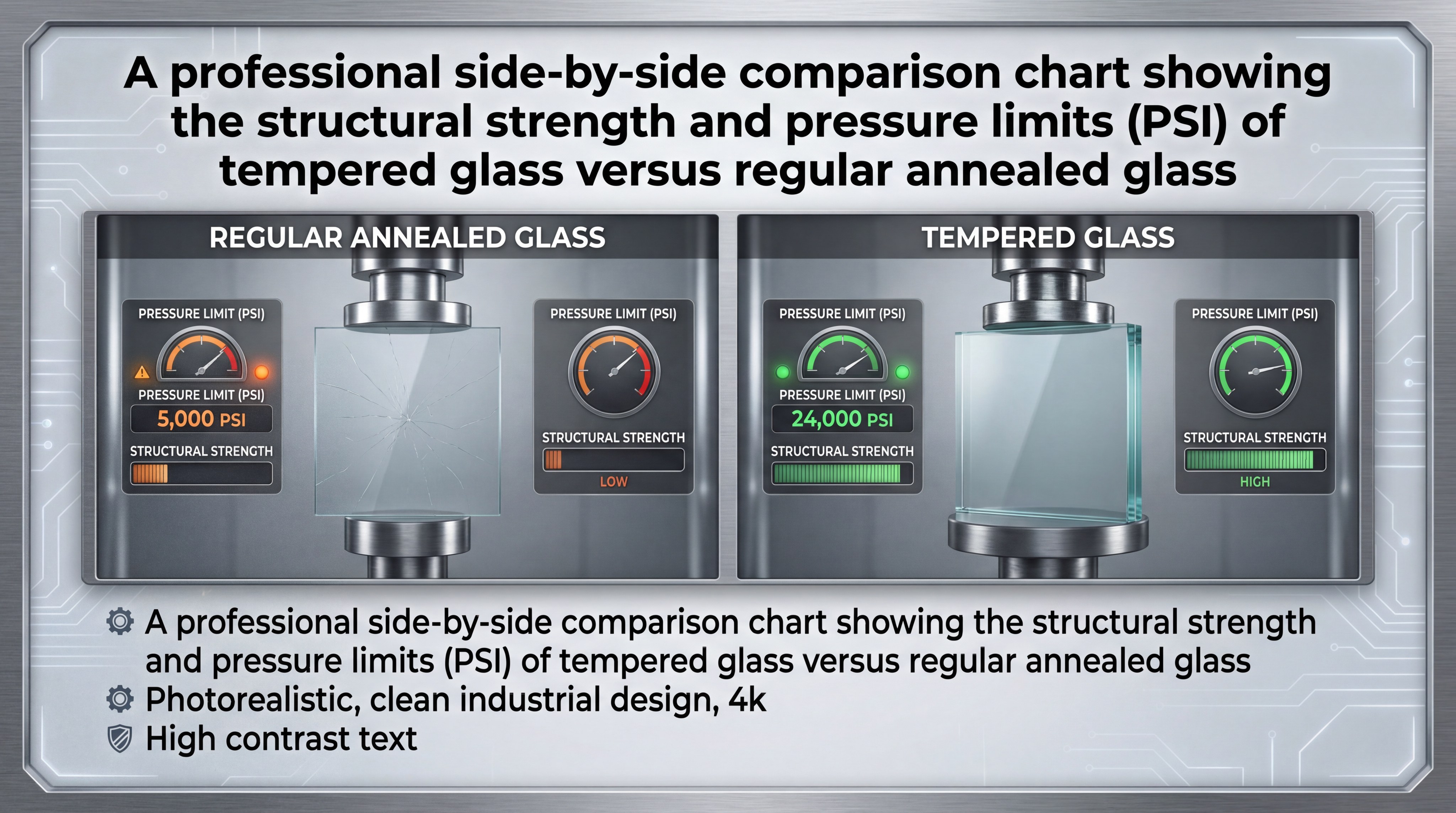 A professional side-by-side comparison chart showing the structural strength and pressure limits (PSI) of tempered glass versus regular annealed glass