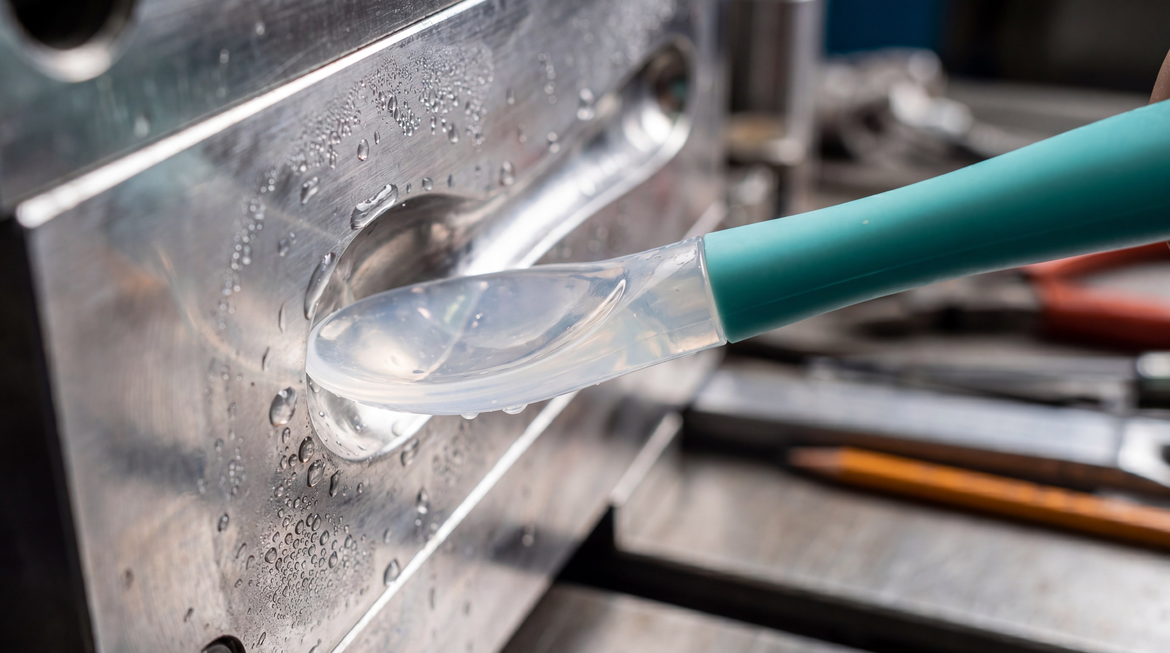 Silicone spoon being pulled from a precision steel molding machine