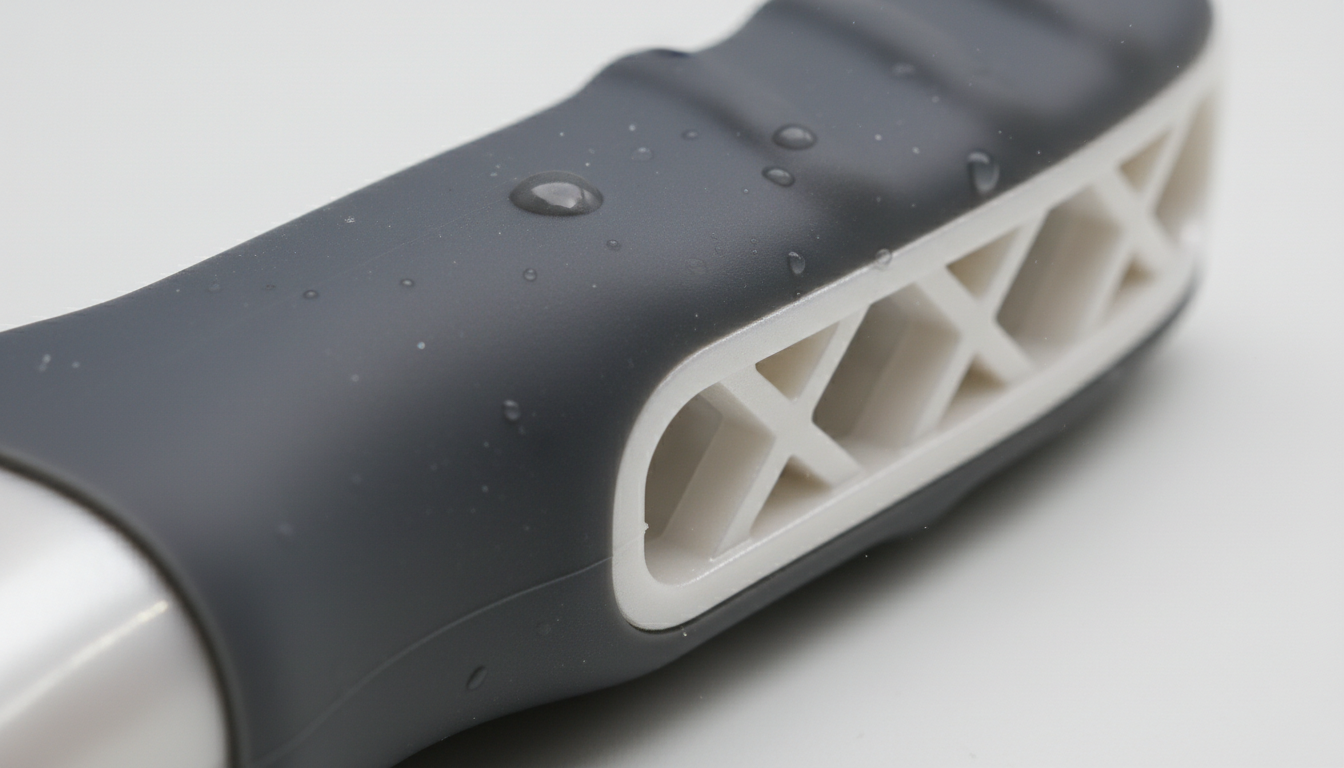 Macro view of LSR overmolded onto a plastic substrate