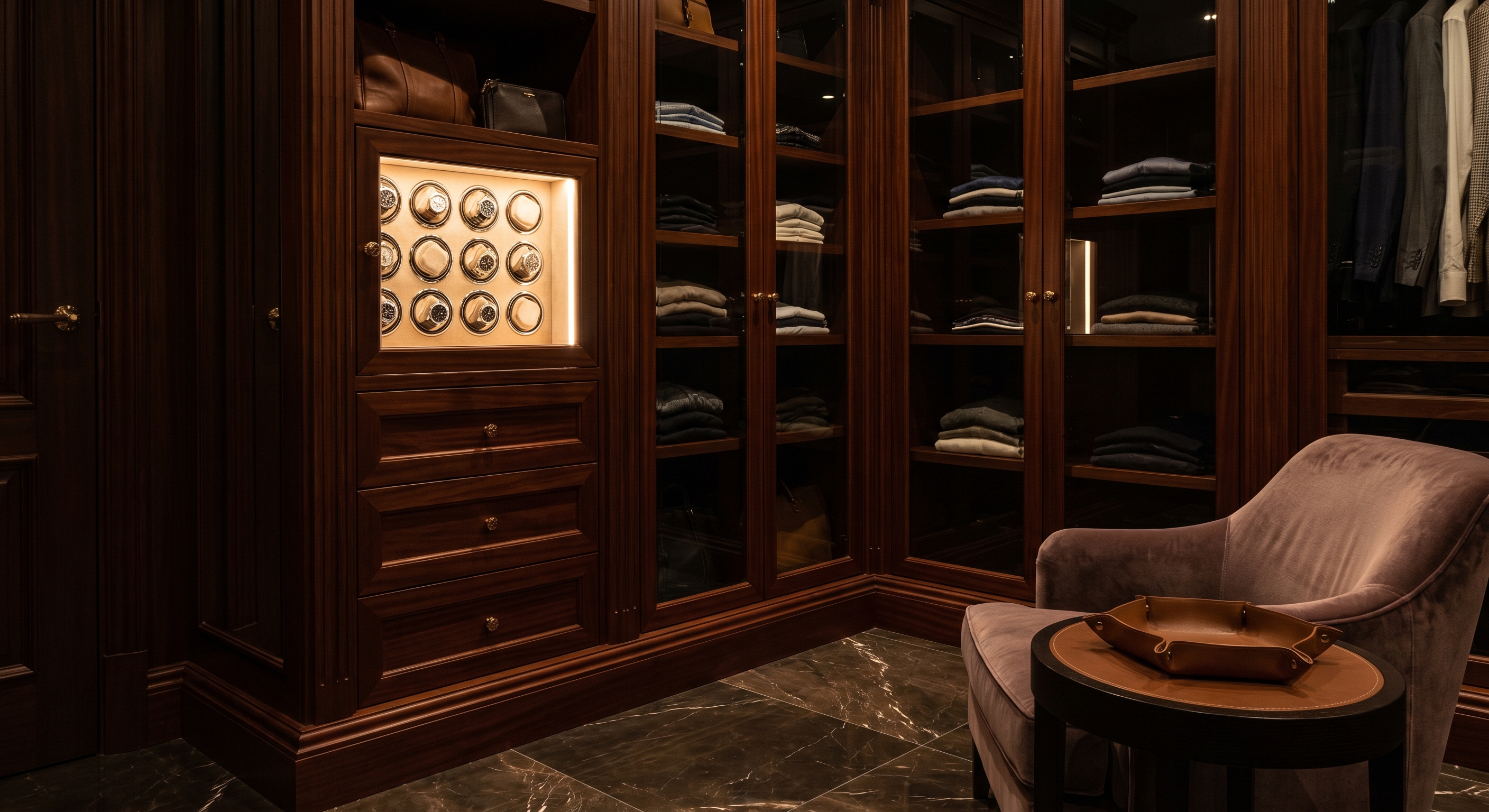 Luxurious Walk-In Closet with Glowing Watch Winder Safe
