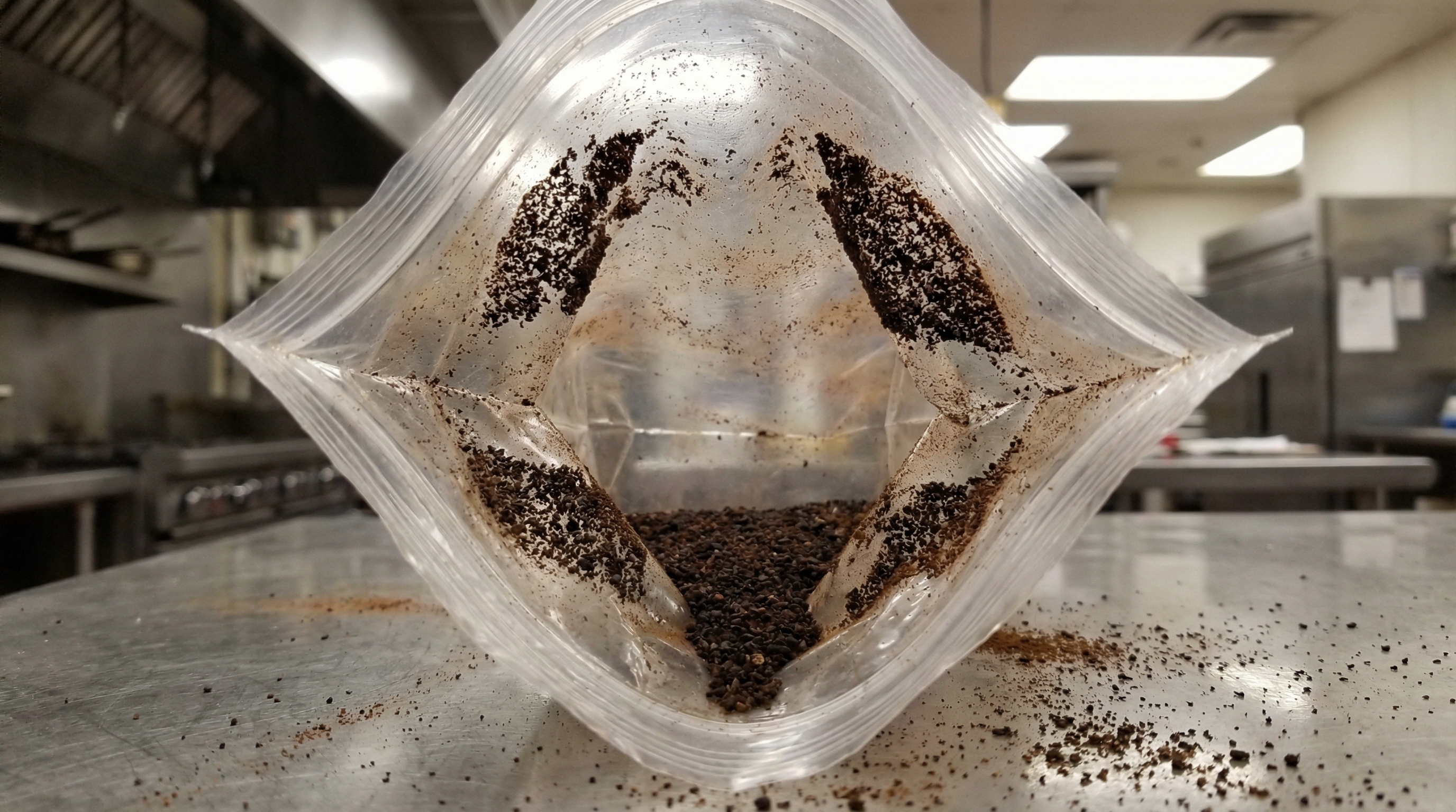 Ground coffee particles jumping due to static electricity in powder during the filling process