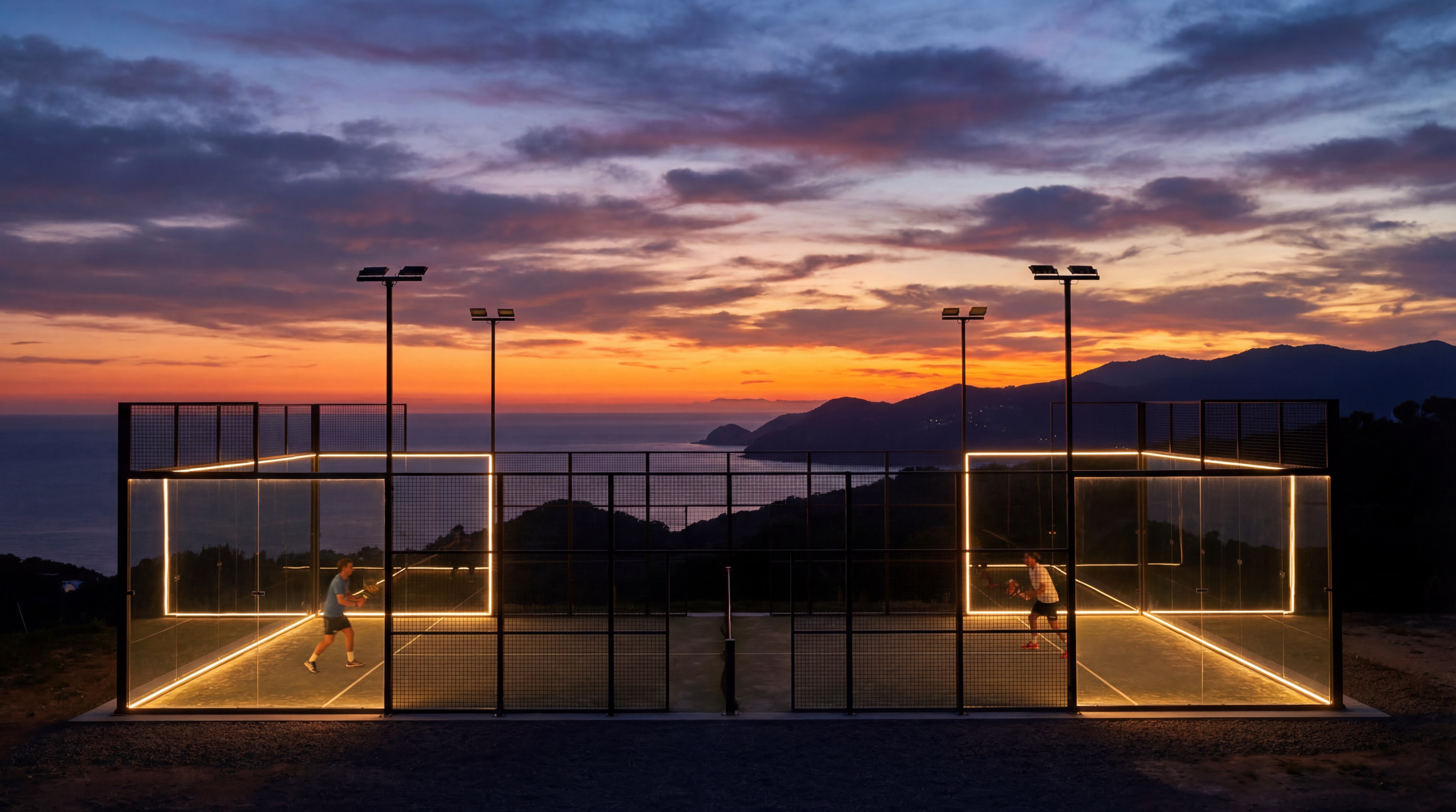 Panoramic sunset view of a padel court with lighting transitioning to night
