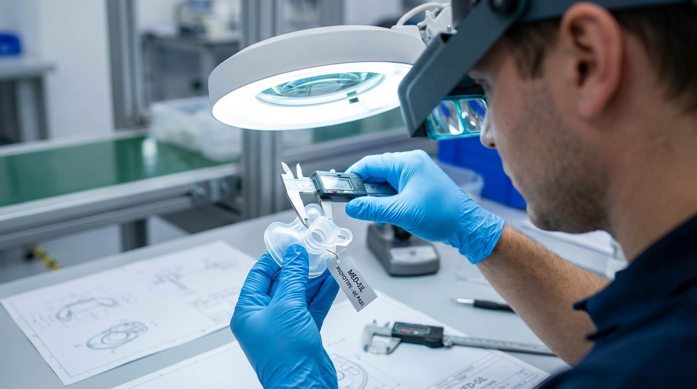 A technician uses precision calipers to inspect a medical-grade silicone component for dimensional accuracy and quality.